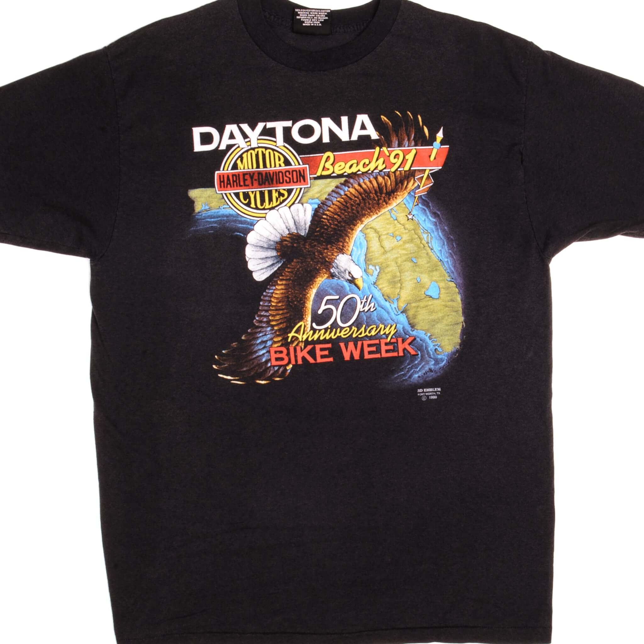 Vintage 3D Emblem Harley Davidson Daytona Bike Week T-Shirt 1991 - Large Size, Made in USA - Perfect for Motorcycle Enthusiasts & Retro Fashion Lovers