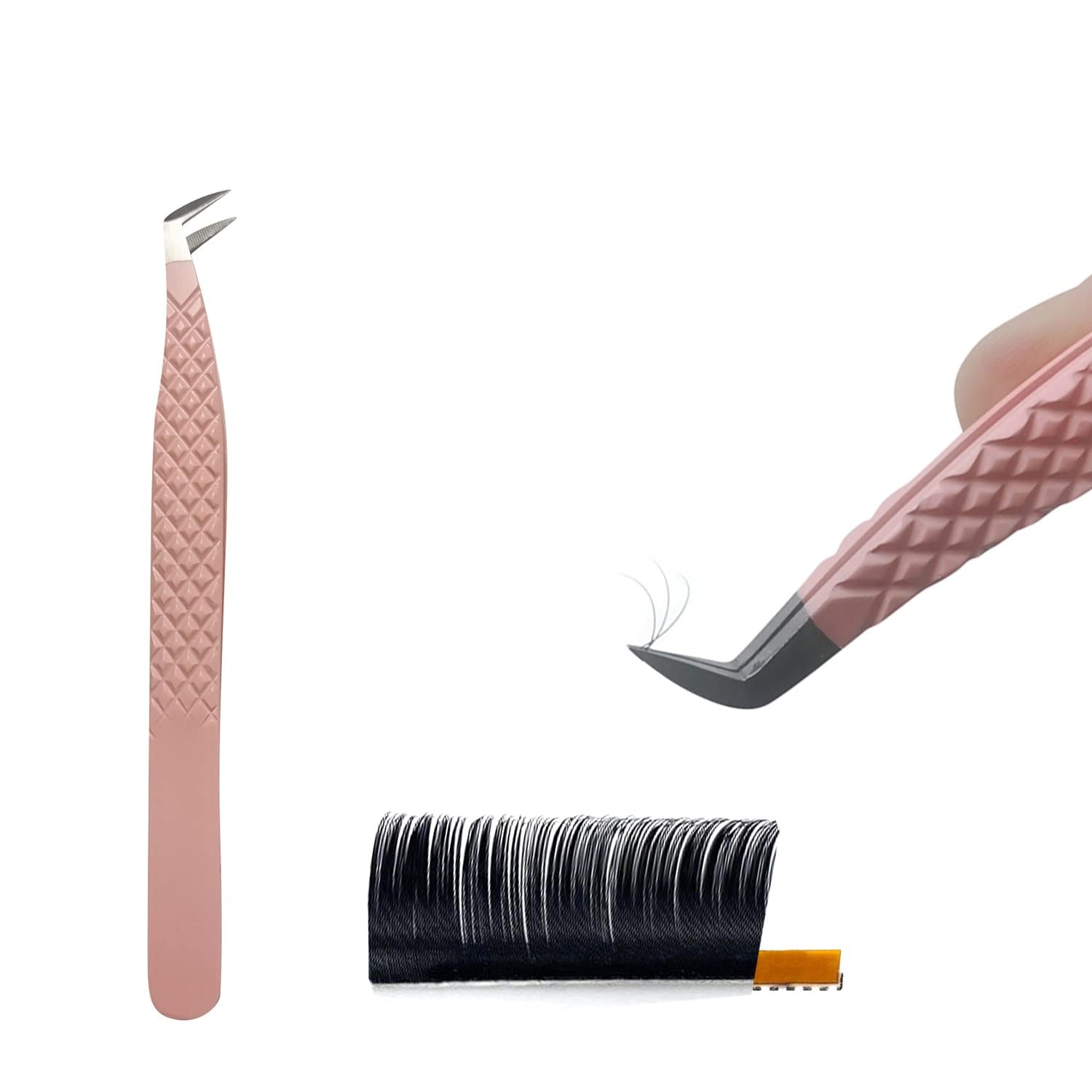 Premium Diamond Grip Fiber Tip Tweezers for Eyelash Extensions - Anti-Slip Professional Volume Lash Tweezers (FTT1-PINK) - Perfect for Salon, Home Use & DIY Lash Artists