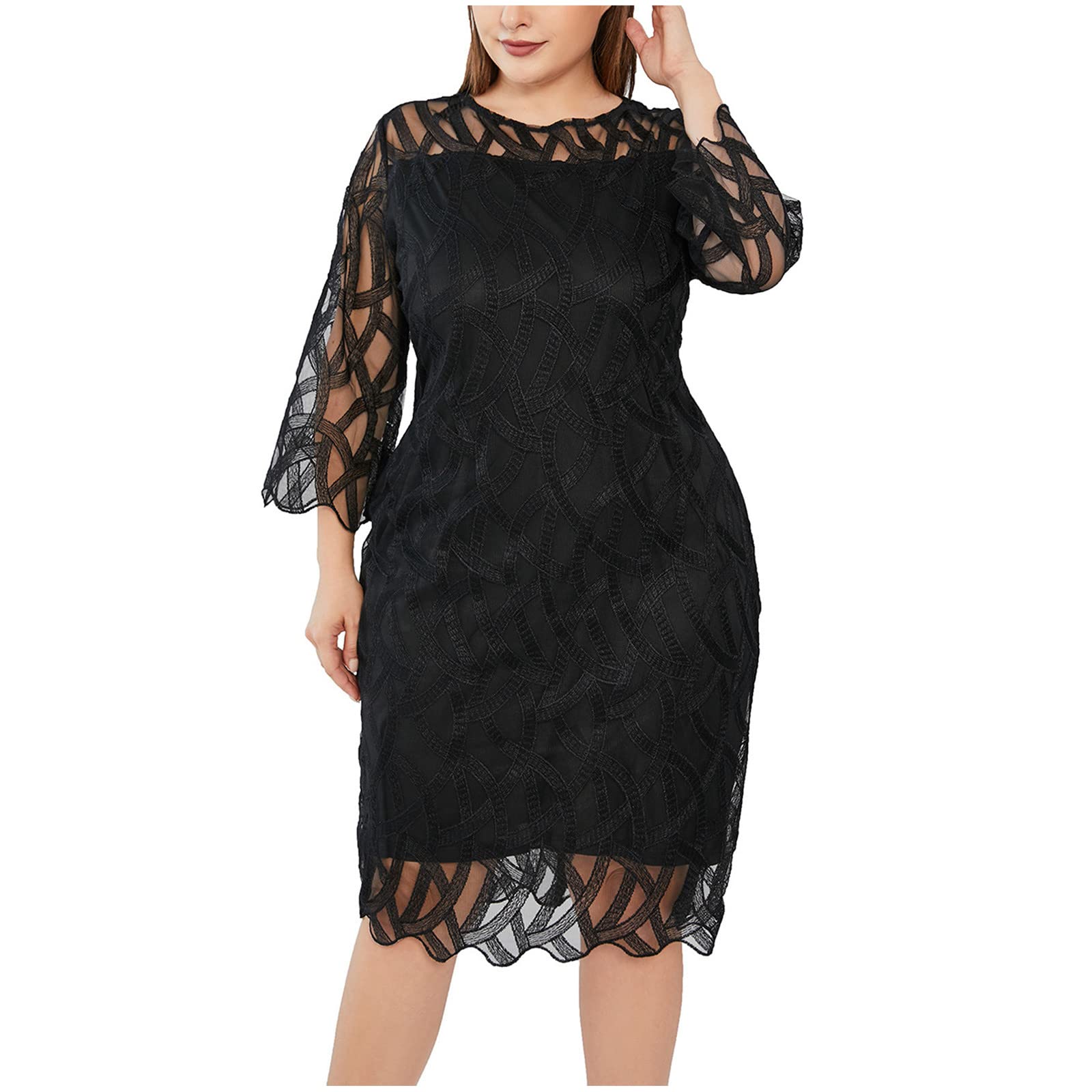 Plus Size Lace Mesh Bodycon Dress for Women - Elegant Crewneck Long Sleeve Formal Cocktail Party Midi Dress with Patchwork Design | Perfect for Evening Events, Weddings & Special Occasions
