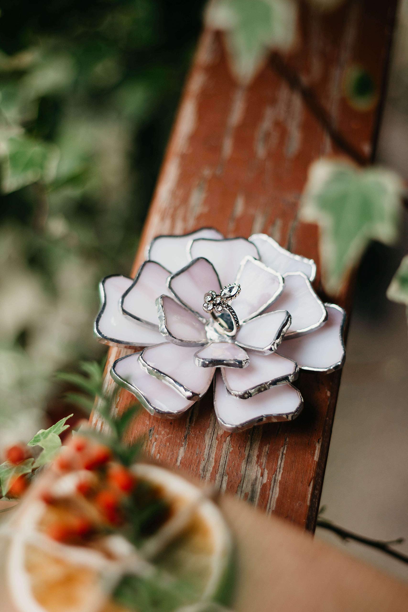Elegant Glass Flower Ring Holder - Jewelry Organizer for Wedding, Engagement & Proposal Rings | Unique Ring Bearer Pillow Alternative | Perfect Anniversary & Valentine's Day Gift (Lilac & Off-White) | Great for Bedroom Dresser, Bathroom Counter & Bridal Shower Decor