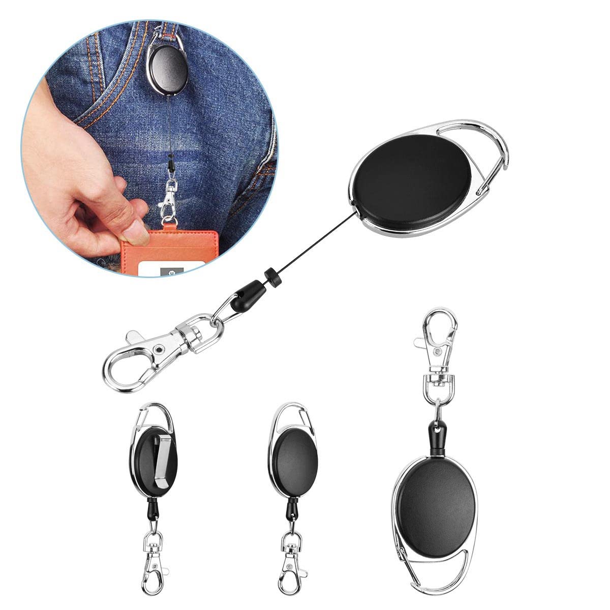 YoungRich 4-Pack Retractable Keychain with Belt Clip - Heavy Duty Spring Lanyard Reel for Men & Women - Key Holder for ID Badge, Car Keys & Office Keys (Black) - Perfect for Work, Home & Outdoor Activities