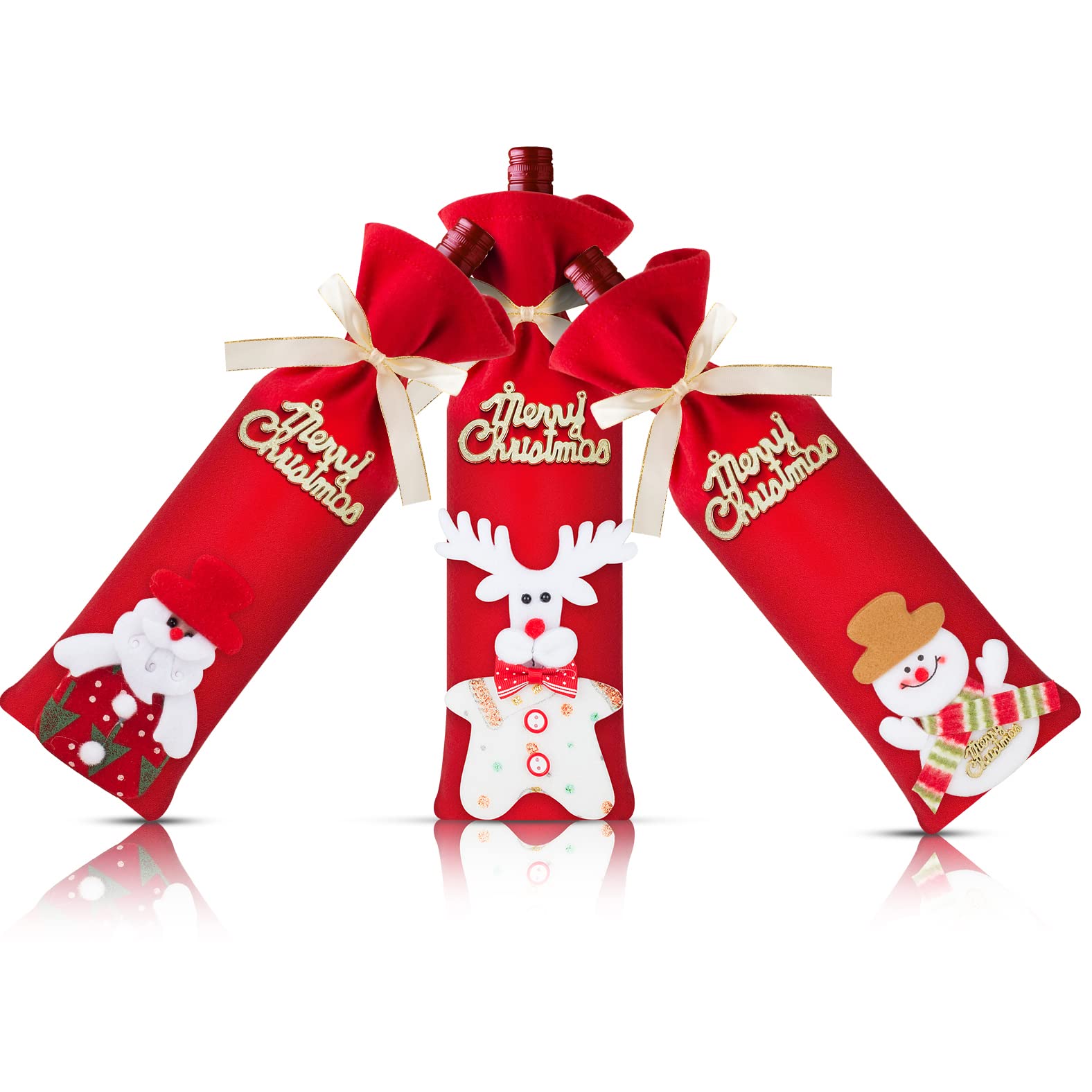 3pcs Christmas Wine Bottle Gift Bags - Cute Merry Christmas Wine Bottle Covers with Ribbon for Holiday Party, Gifts & Decorations (Santa, Snowman, Elk) - Perfect for Christmas Parties, Gift Exchanges & Festive Home Decor