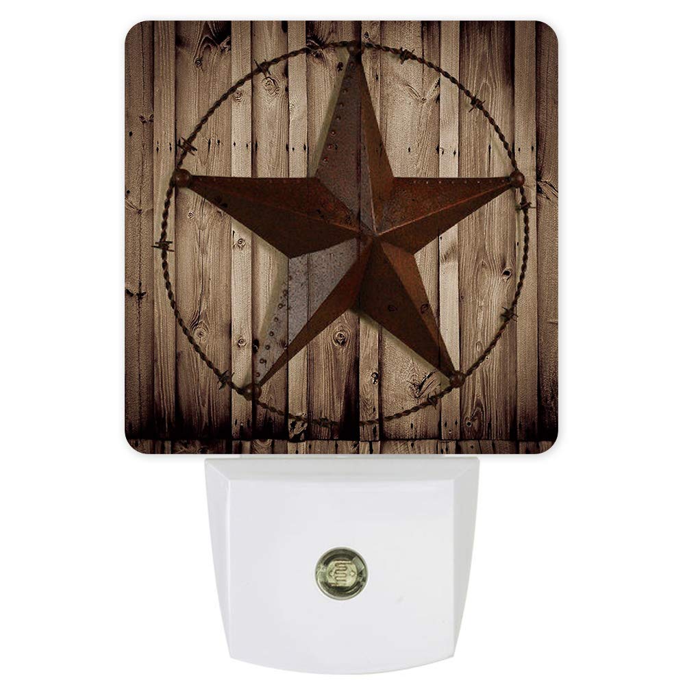 Western Texas Star Rustic Wood Grain Night Light Plug in with Light Sensor - LED Bedroom Nightlight for Nursery, Kids Room Decor (Boys & Girls) - Perfect for Bedrooms, Hallways & Safe Nighttime Navigation