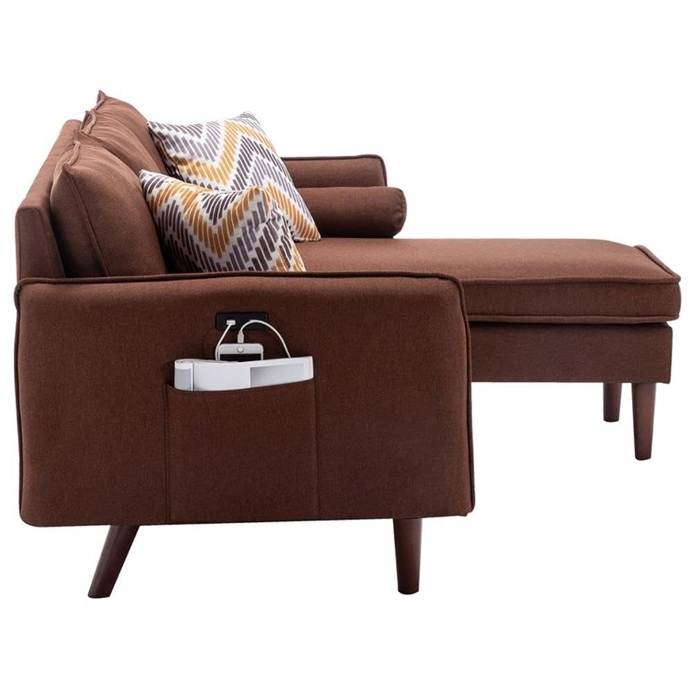 Lilola Home Mia Brown Sectional Sofa Chaise with USB Charger & Pillows - Modern L-Shaped Couch for Living Room, Family Room & Small Spaces - Perfect for Relaxing, Entertaining & Charging Devices