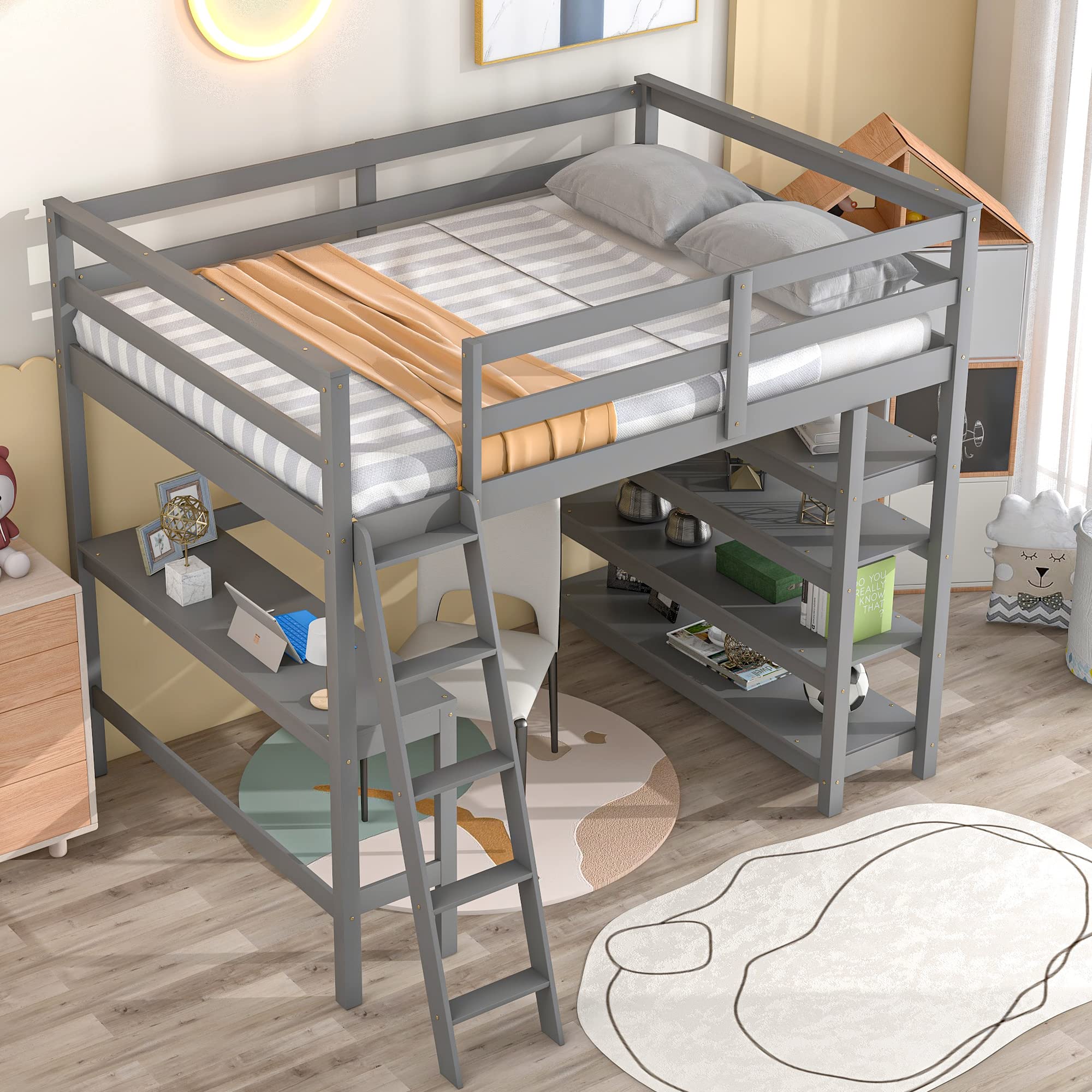 RUNWON Full Loft Bed with Study Desk & 4 Storage Shelves - Sturdy Safety Guardrail & Ladder Included - Space-Saving Bedroom Solution for Kids, Teens & Adults - Ideal for Small Rooms, Dorms & Apartments