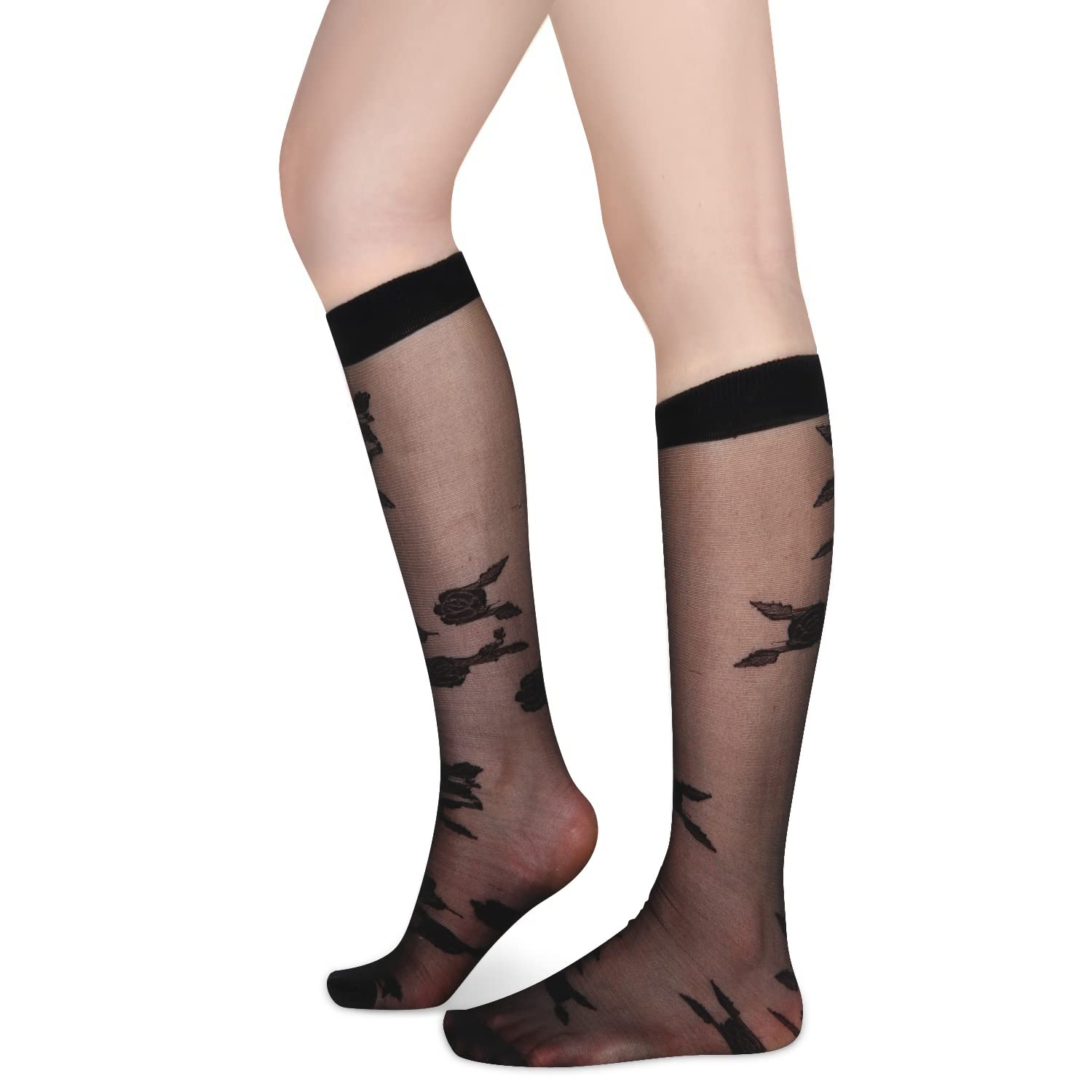 Benefeet Women's Sheer Knee High Socks - Black & White Lace Stockings for Lolita Fashion