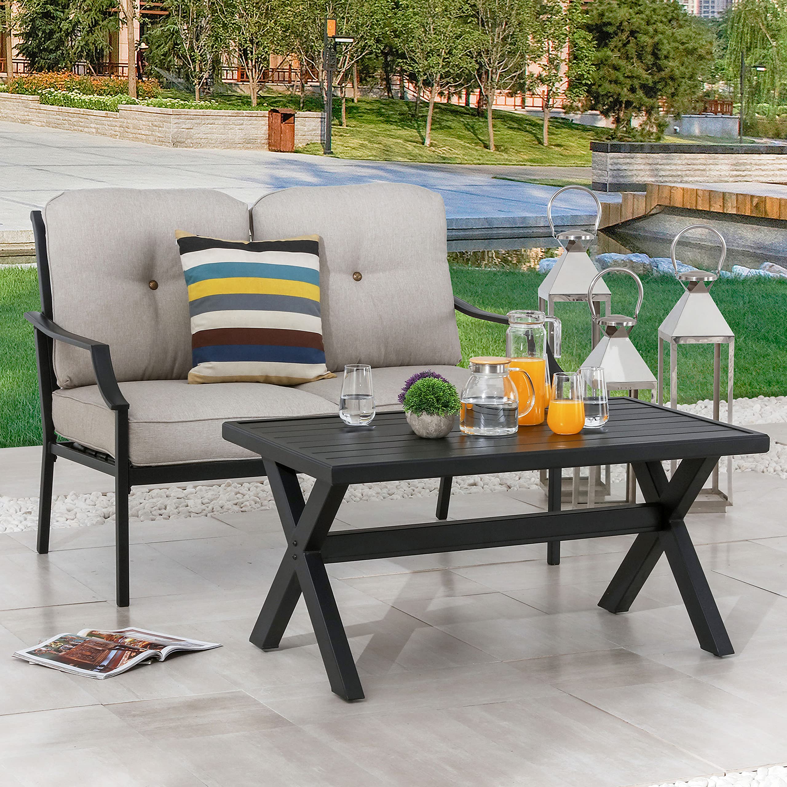 LOKATSE HOME 2-Piece Outdoor Patio Loveseat Set with Cushions & Steel Coffee Table - Beige - Perfect for Garden, Backyard, and Poolside Relaxation