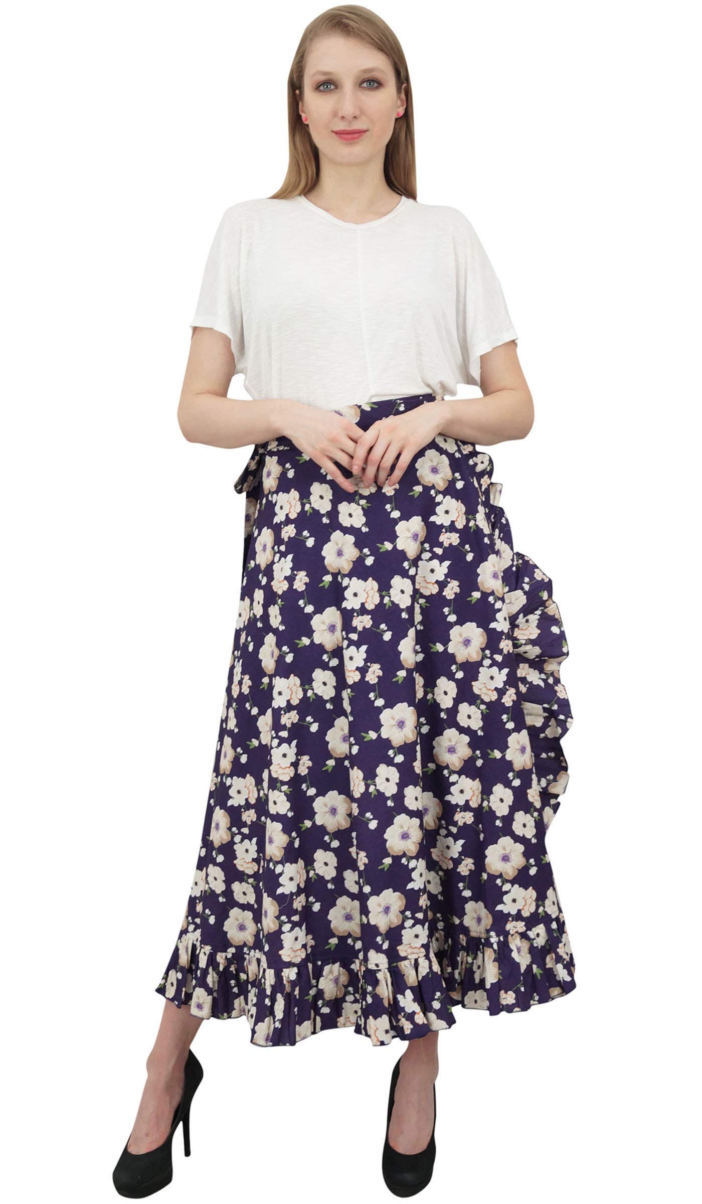 Women's Plus Size Printed Single Layer Cotton Magic Wrap Skirt - Flowy Ruffled Wrap Skirt for Casual Wear, Beach Cover Up & Summer Outfits