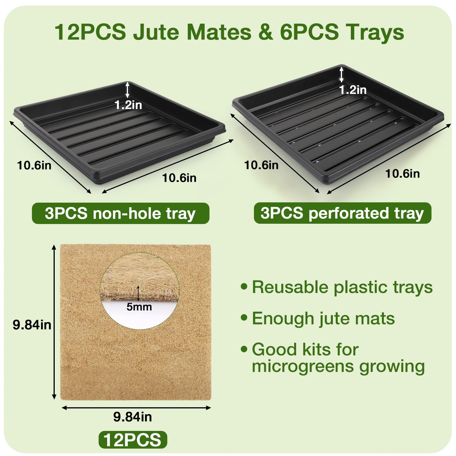 **12Pcs Hemp Mats & 6Pcs 10-Inch Square Trays - Microgreens Growing Kit for Indoor Sprouting, Herb Seeds Starter with Jute Pads (2 Tray Styles) - Perfect for Home Gardening, Healthy Salads & Organic Cooking**