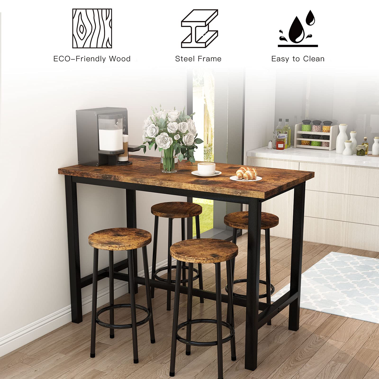 AWQM 4-Piece Industrial Counter Height Dining Table Set with Stools - Brown Kitchen Breakfast & Pub Table for Living Room, Bar, Restaurant & Home Decor