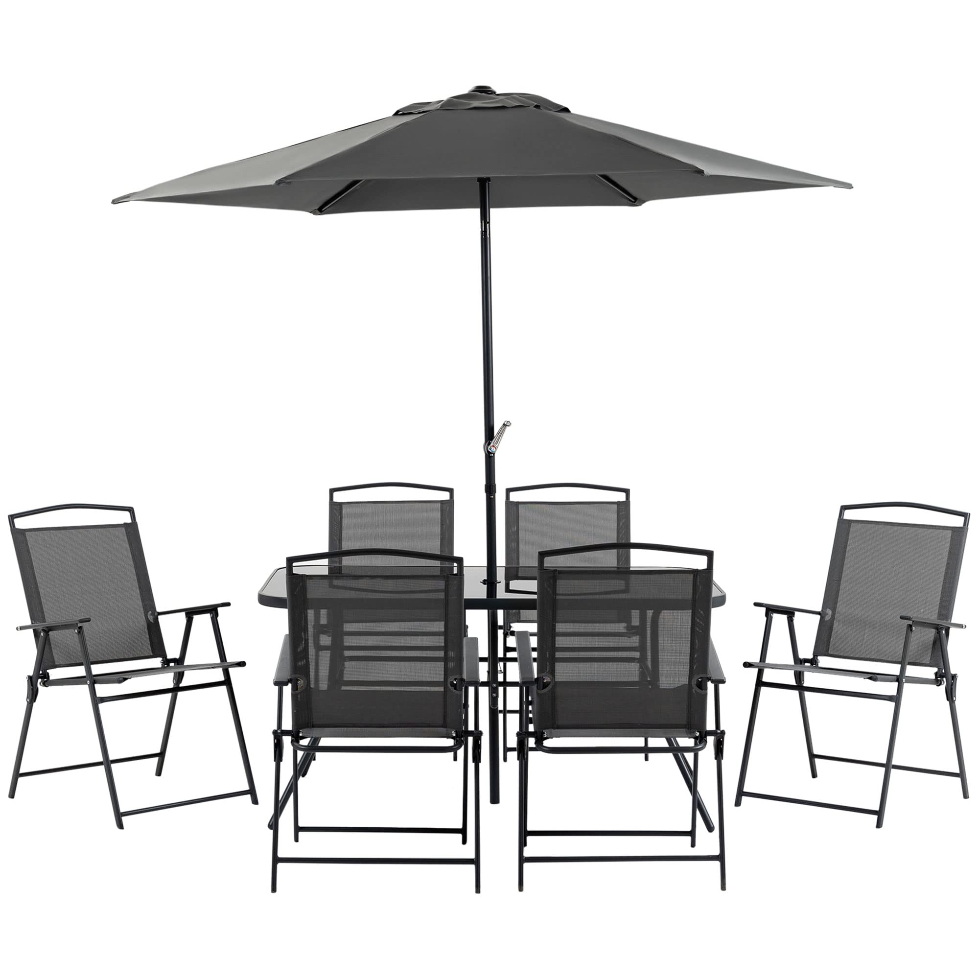 Outsunny 8-Piece Black Patio Dining Set with Rectangle Table, 6 Folding Chairs & Umbrella | Outdoor Furniture for Garden, Backyard & Poolside Dining