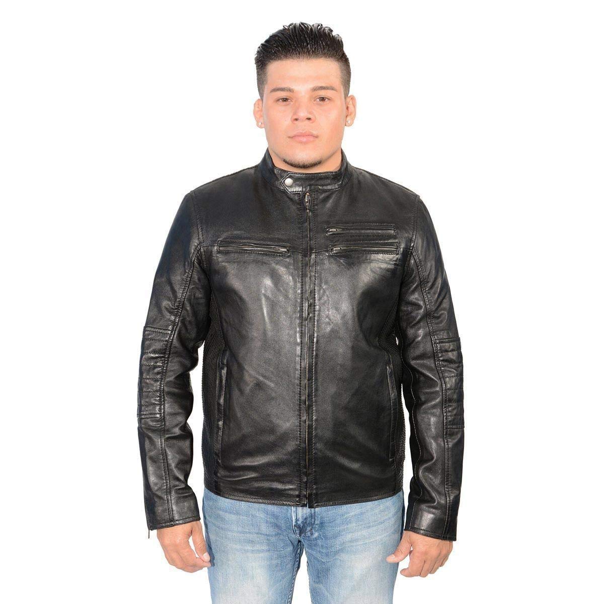 Milwaukee Leather SFM1805 Men's Black Side Stitch Cafe Racer Lambskin Leather Jacket - Premium Motorcycle Biker Jacket for Men, Fashionable Outerwear for Riding & Casual Wear