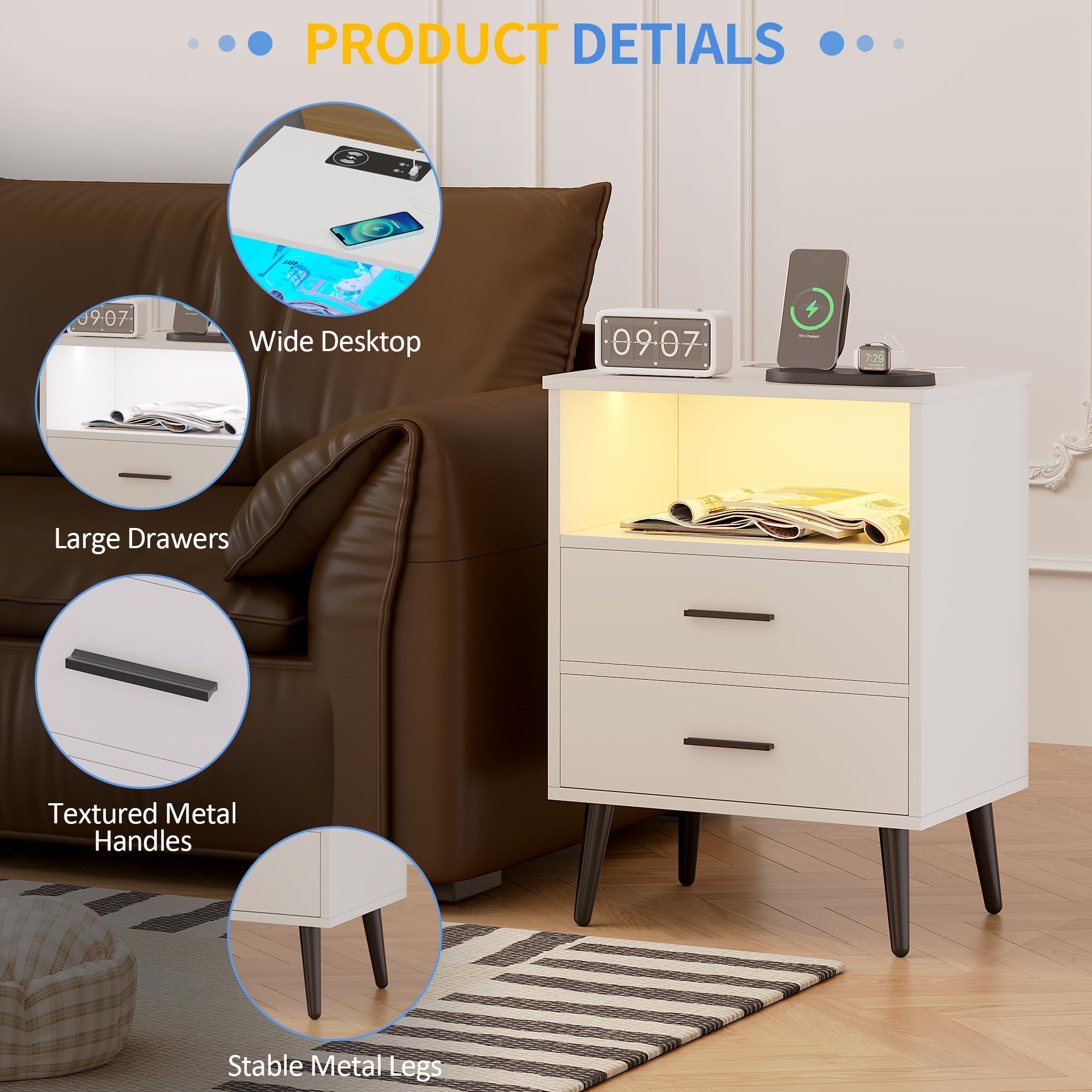LVSOMT Modern LED Nightstand with USB Charging Station, Dimmable Touch Control & Motion Sensor - White Bedside Table with Drawers & Open Shelves, Metal Legs - Perfect for Bedroom, Guest Room & Small Spaces