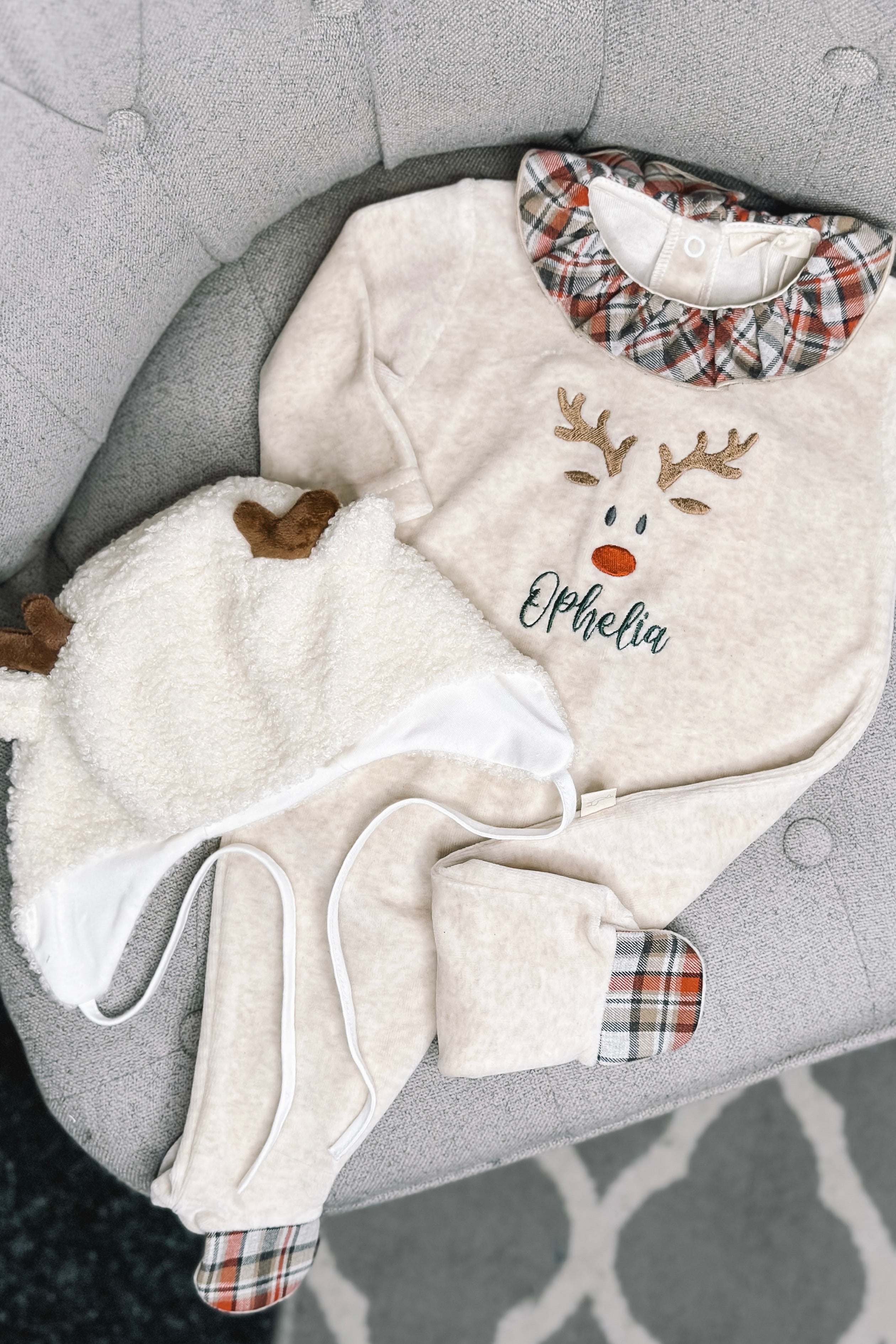 Soft Beige Velour Reindeer Sleepsuit with Ruffle Collar - Cozy Winter Pajamas for Kids & Toddlers - Perfect for Christmas, Holiday Photos & Bedtime