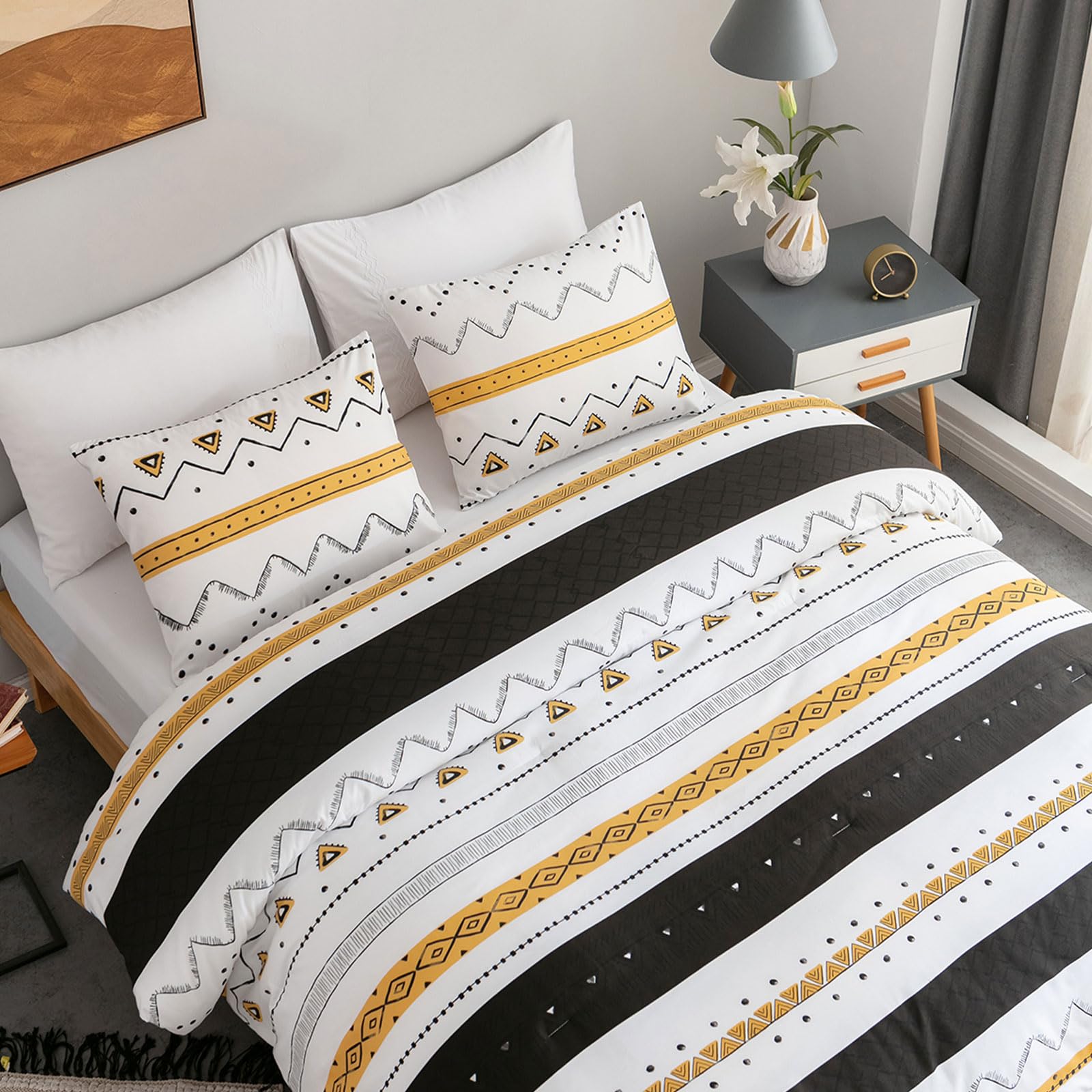 EAVD Modern Geometric Comforter Set Twin XL - Soft Microfiber Black & Yellow Reversible Bedding - All-Season Lightweight Comforter with 2 Pillowcases - Perfect for Kids, Teens & Guest Rooms - Geometric Pattern Home Decor for Modern Bedrooms