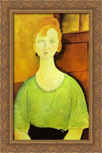 16x24 Gold Ornate Wood Framed Canvas Art Print - Girl in Green Blouse by Amedeo Modigliani | Vintage Wall Decor for Living Room, Bedroom & Office