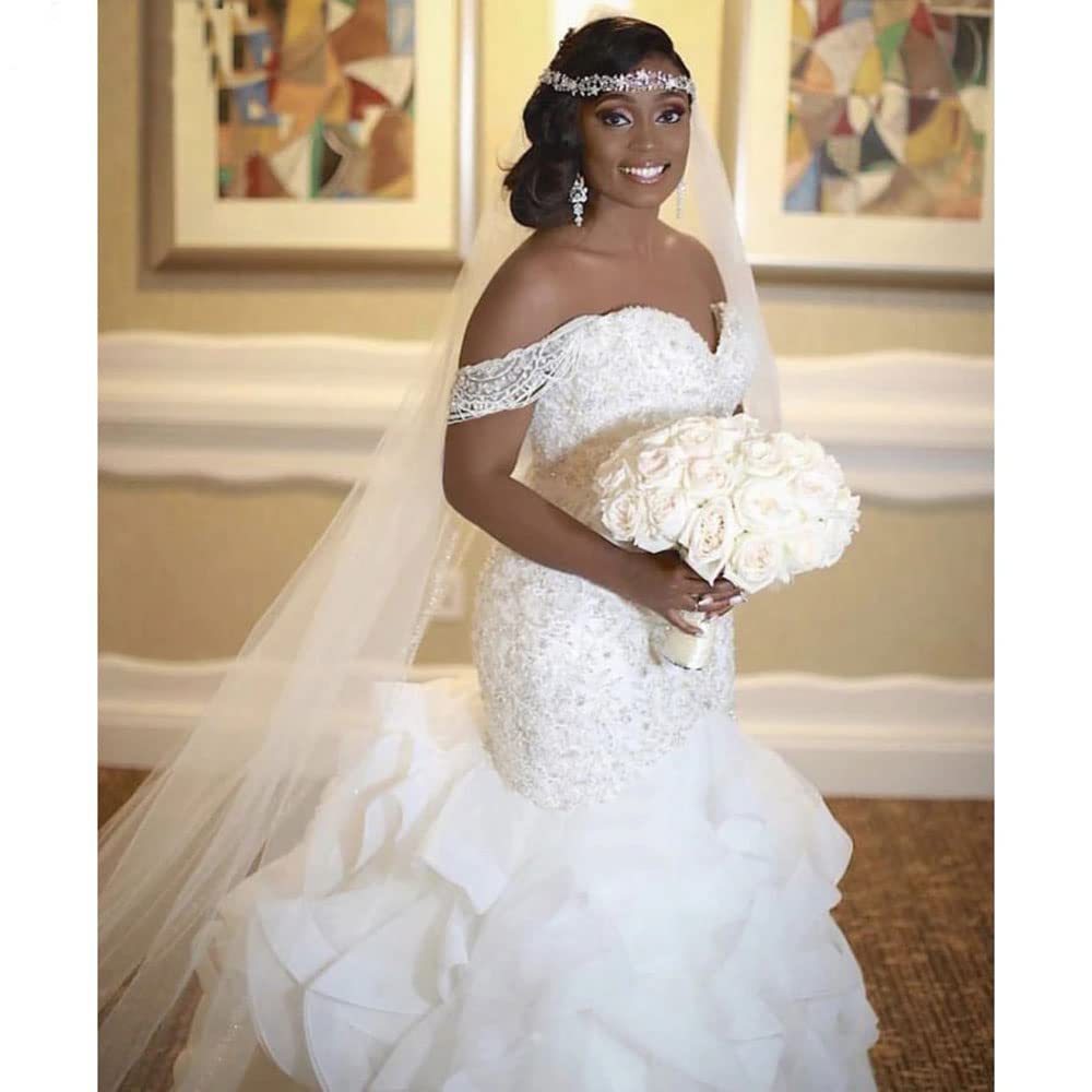 XYAYE Elegant Ruffle Organza Crystal Mermaid Wedding Dress with Lace Tassel Details - Off Shoulder Bridal Gown for Bride - Perfect for Beach Weddings, Vow Renewals, and Formal Evening Ceremonies