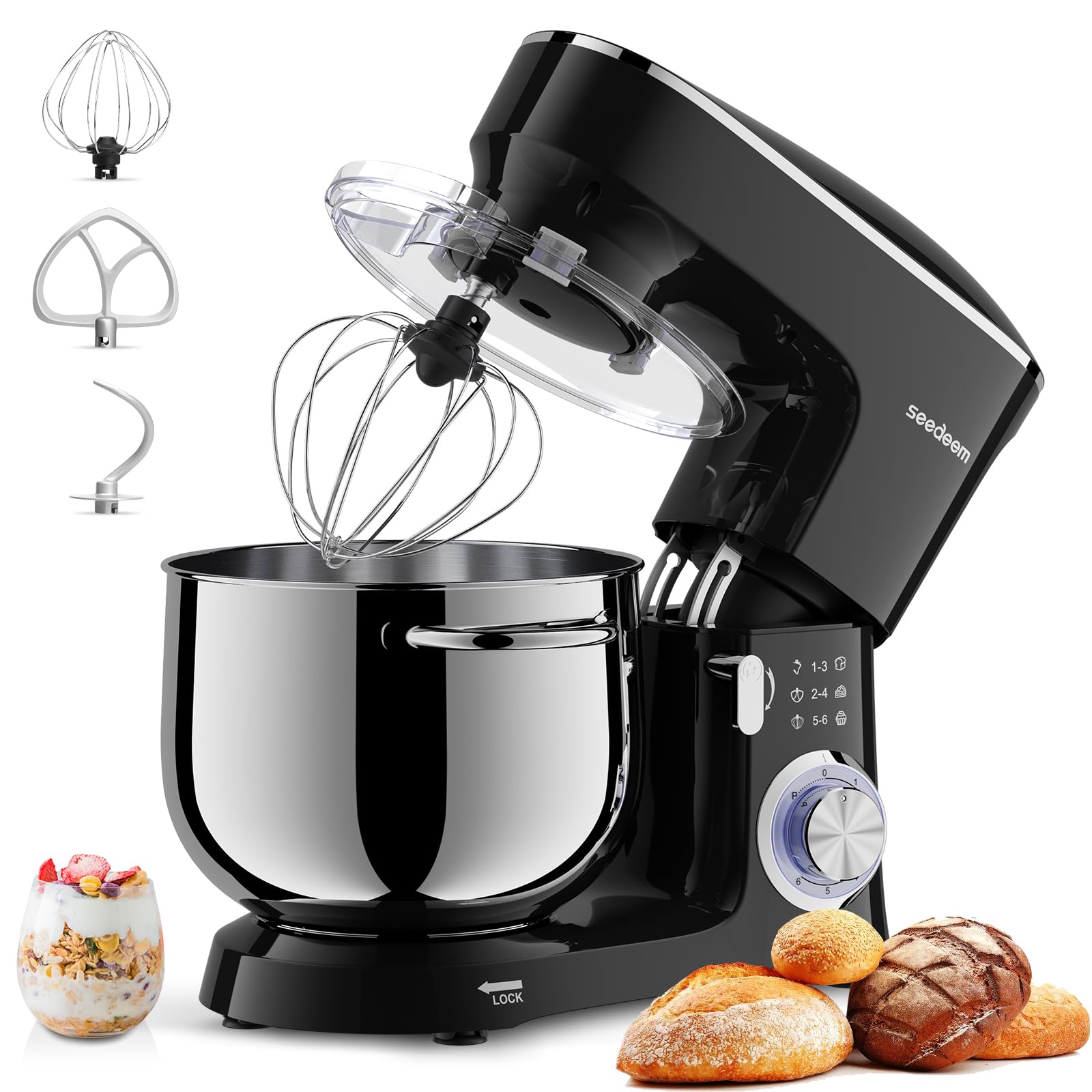 SEEDEEM 8.5 Qt 660W Stand Mixer with 6+ Speeds - Tilt-Head Electric Kitchen Mixer with Dishwasher-Safe Dough Hook, Wire Whip & Beater - Perfect for Baking, Dough Mixing & Daily Cooking - Black