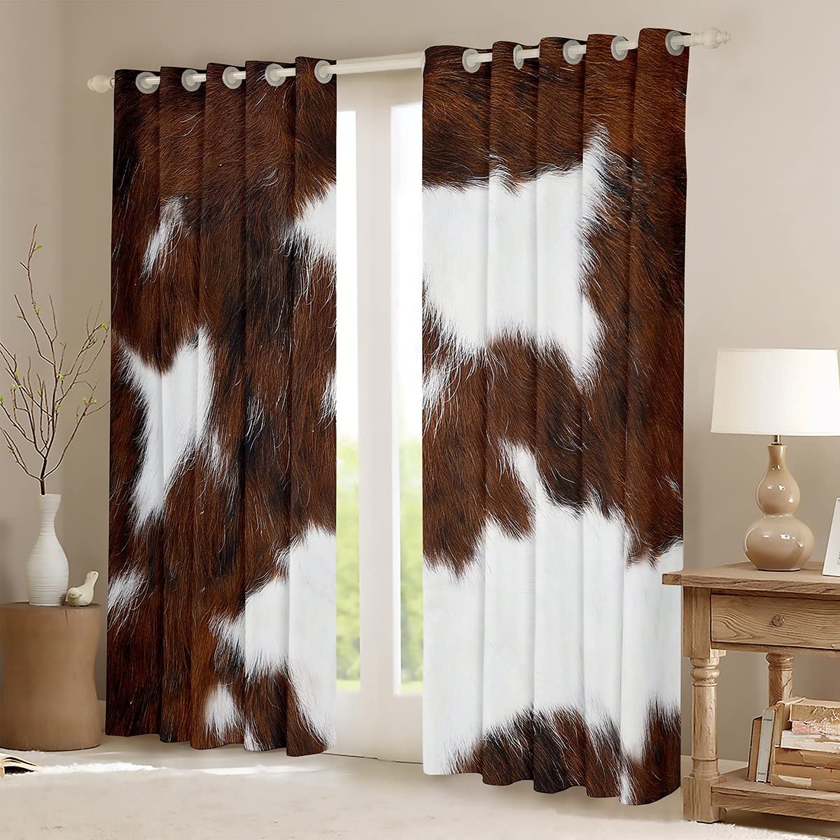 Premium Cowhide Print Window Curtains - Fashionable Abstract Animal Design Brown 42x63 Inch Farmhouse Decor Drapes for Bedroom & Living Room - Perfect for Rustic, Boho & Western Home Styling