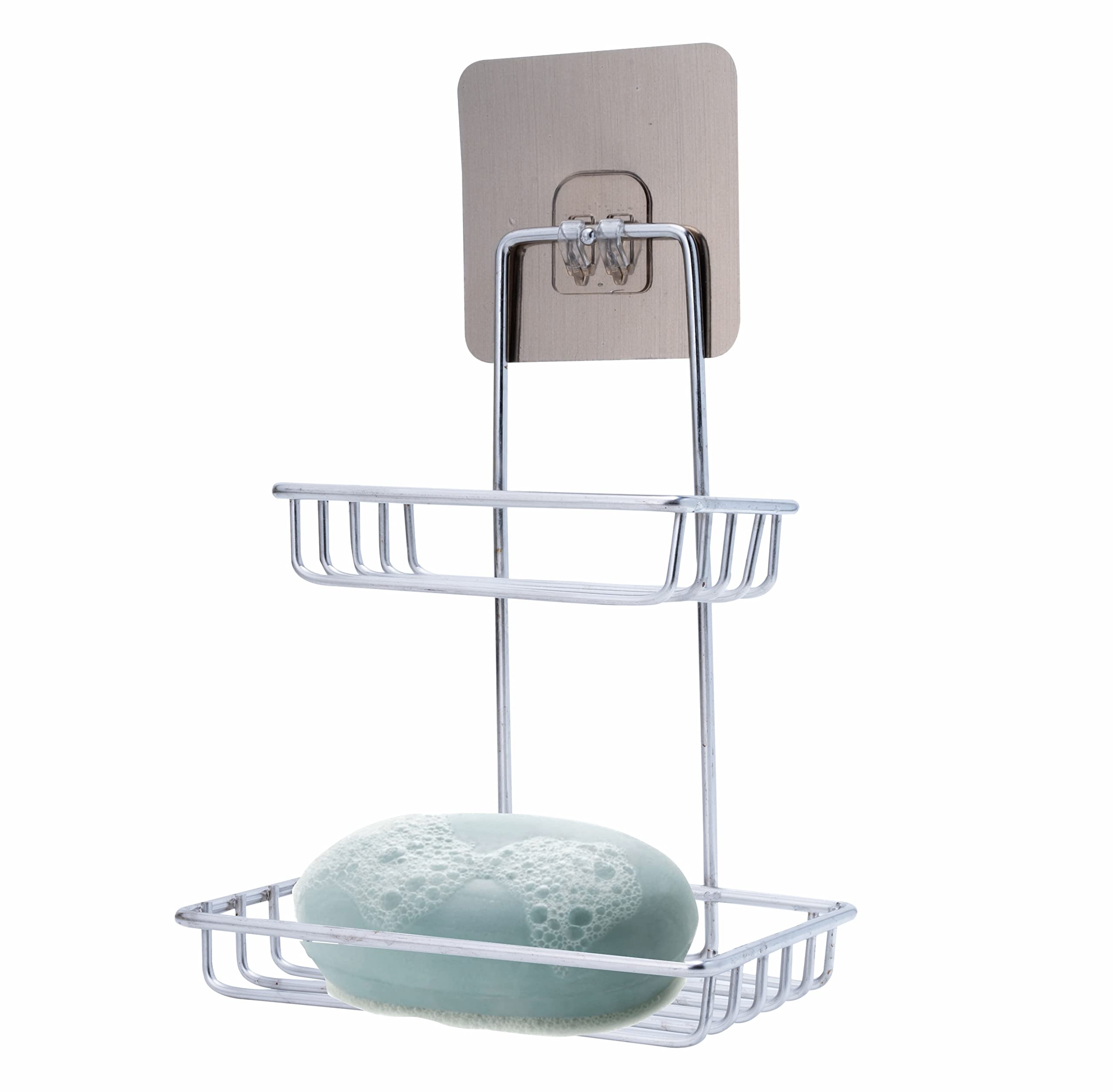 Stainless Steel Wall Mounted Double Layer Soap Dish Holder - Self Adhesive Soap Storage Rack for Kitchen & Bathroom - Silver - Perfect for Shower, Sink, and Countertop Organization