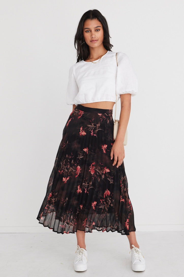 Elegant Black Orchid Chiffon Pleated Midi Skirt for Women | Flowy A-Line Summer Skirt | Perfect for Parties, Weddings & Office Wear