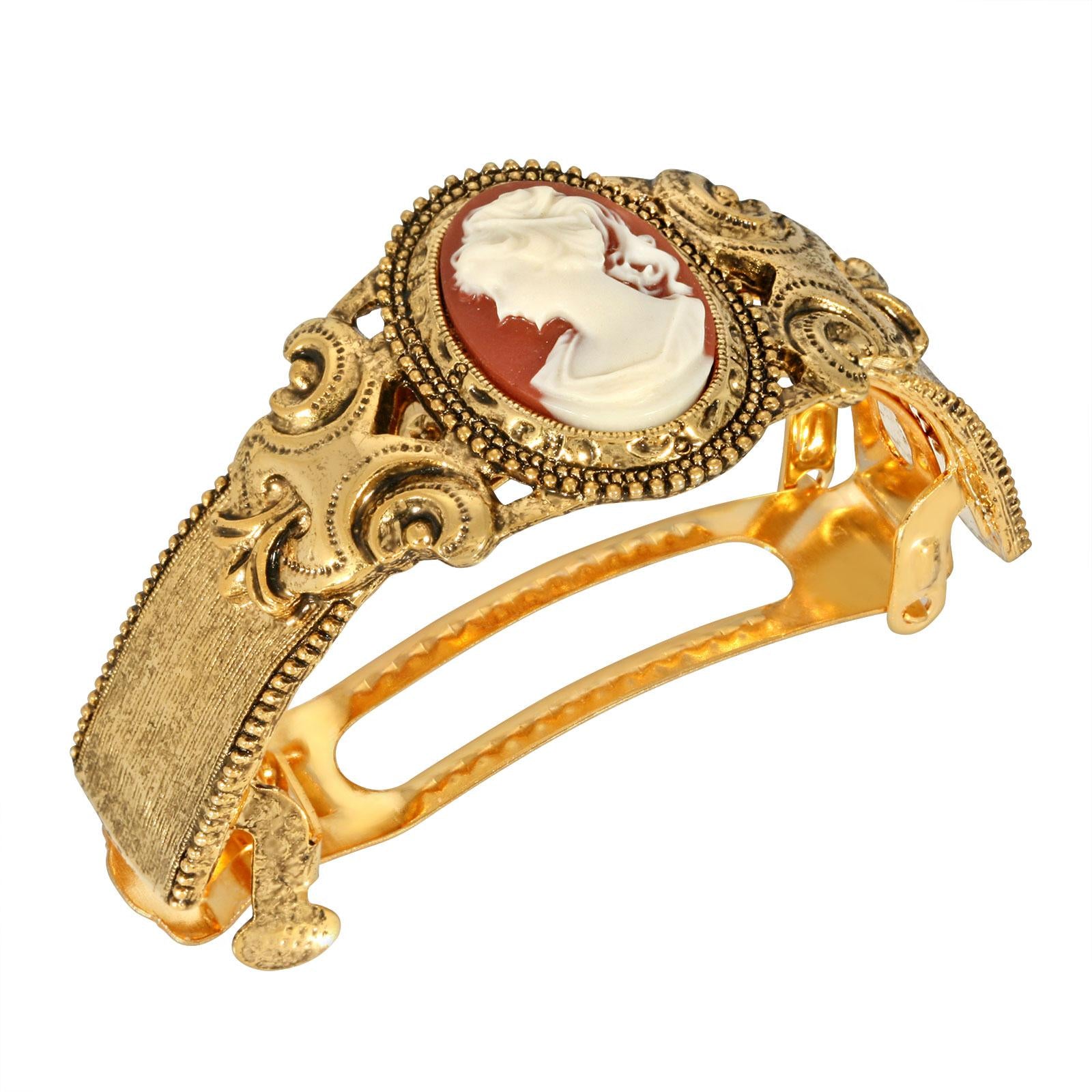 Vintage 1928 Ornate Oval Carnelian Red Cameo Ponytail Holder - Elegant Hair Accessory for Women, Bridal Hair Jewelry, Victorian Style Hair Clip for Formal Events & Special Occasions