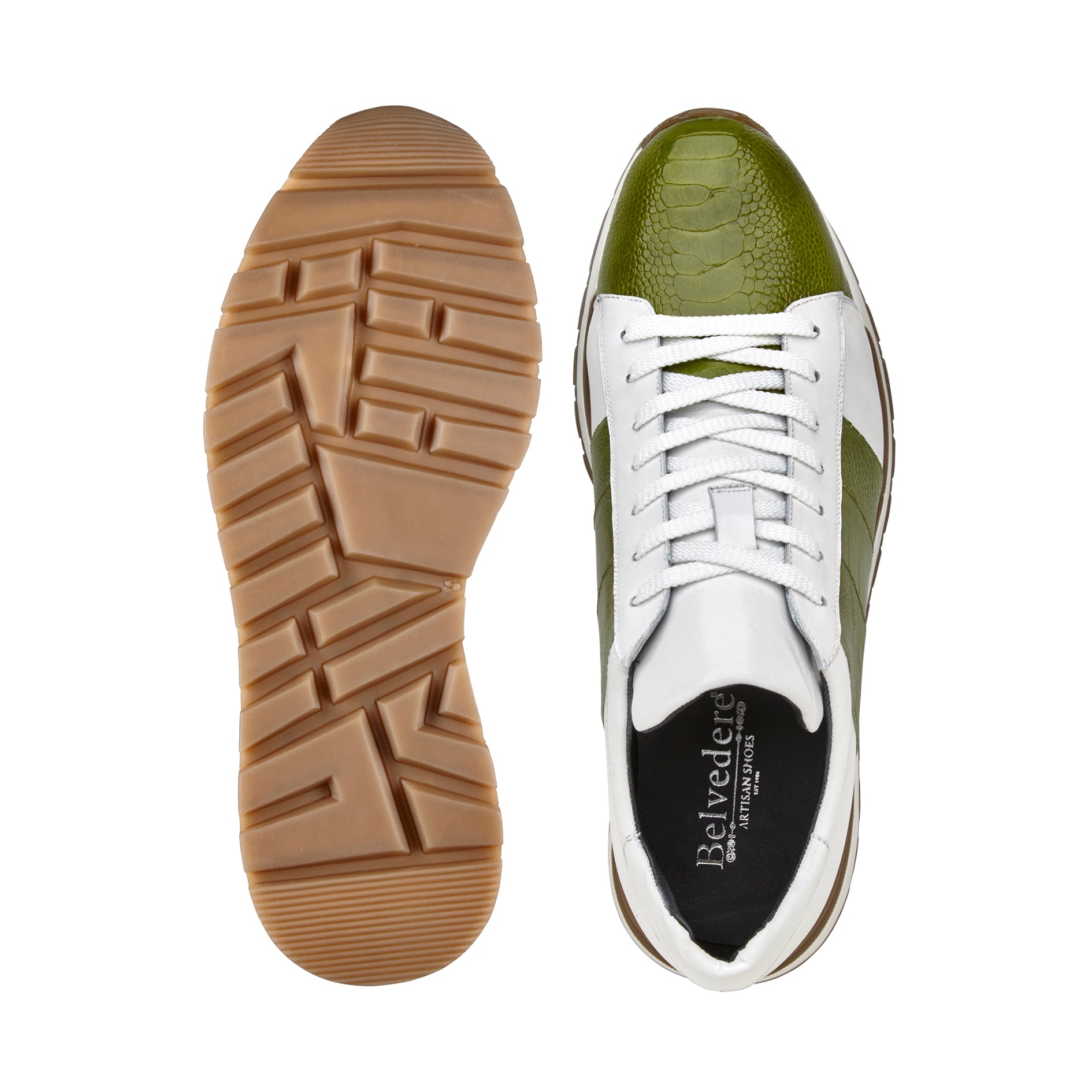 Belvedere Blake Genuine Ostrich & Italian Calf Leather Sneakers - Lime/White 33629 | Comfortable Luxury Casual Shoes for Men | Perfect for Office, Dating & Travel