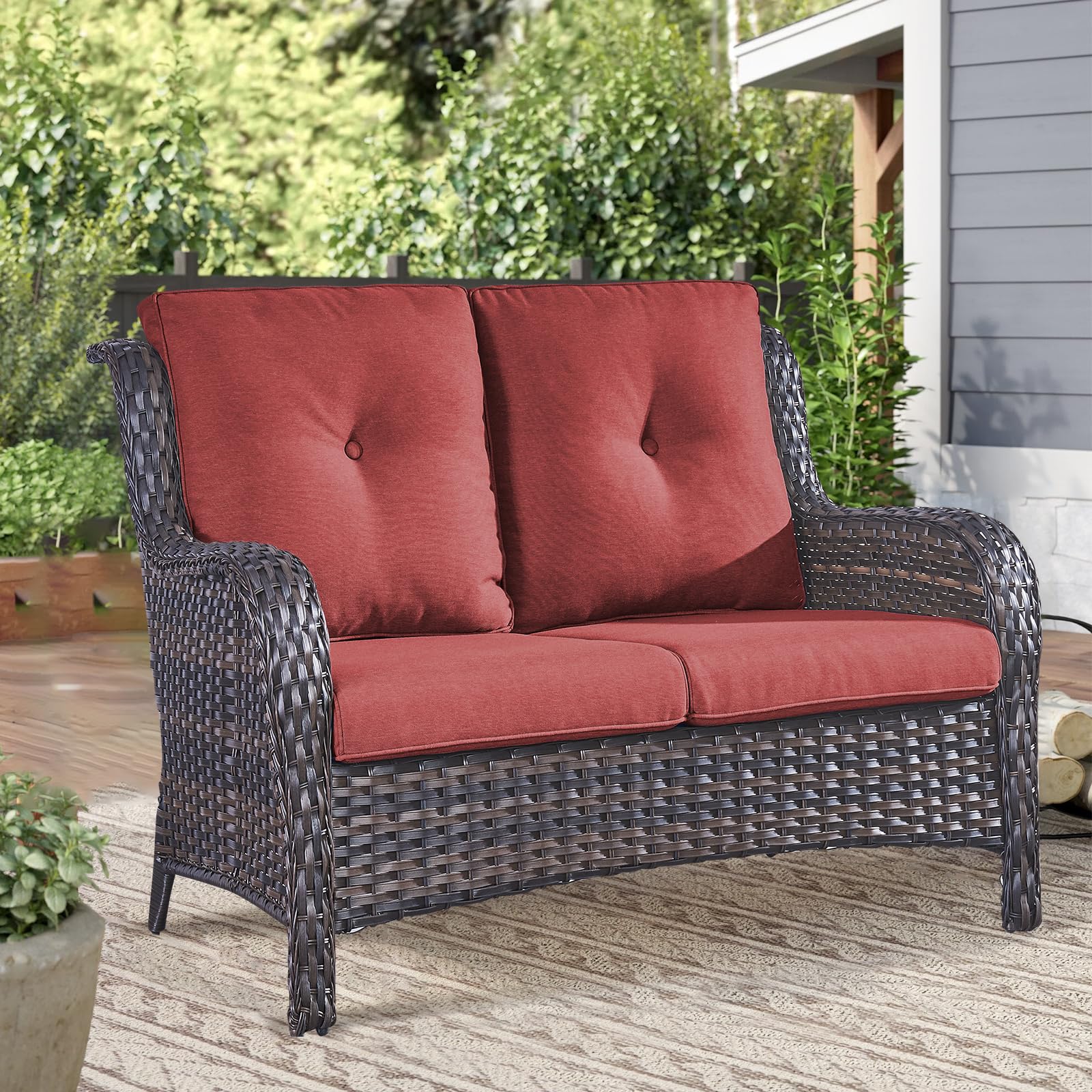 Outdoor Loveseat Sofa - 2 Seater Rattan Wicker Patio Couch with High Back, Weather-Resistant Brown/Red, Perfect for Porch, Deck, Backyard & Garden Relaxation
