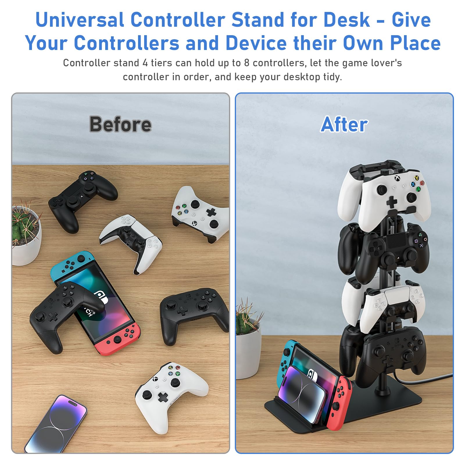 Xbox PS5 PS4 Switch Controller Holder Stand - 8 Gaming Controller Organizer Rack for Desk with Headset/iPad/Phone Storage - Perfect Gaming Room Accessories & Gifts for Gamers - Ideal for Game Room Setup, Streaming Station & Console Organization