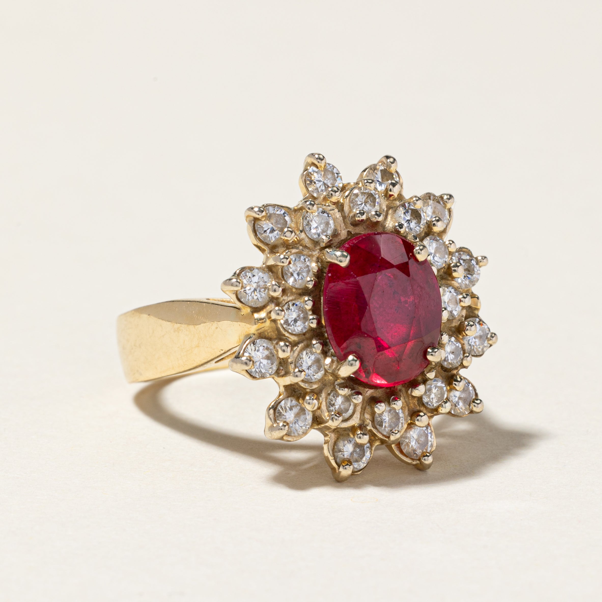 18K Gold Plated Synthetic Ruby & Diamond Halo Engagement Ring - 3.00ct Oval Ruby with 0.90ctw Diamond Accents - Size 7 - Perfect for Anniversary Gifts, Valentine's Day & Bridal Jewelry