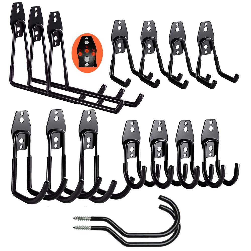Heavy Duty Garage Hooks - 16 Pack Steel Wall Mount Storage Hooks with Anti-Slip Coating for Ladders, Garden Tools & Bulky Items (14 Inch, Black) - Perfect for Garage Organization, Workshop Storage & Home Utility Hanging