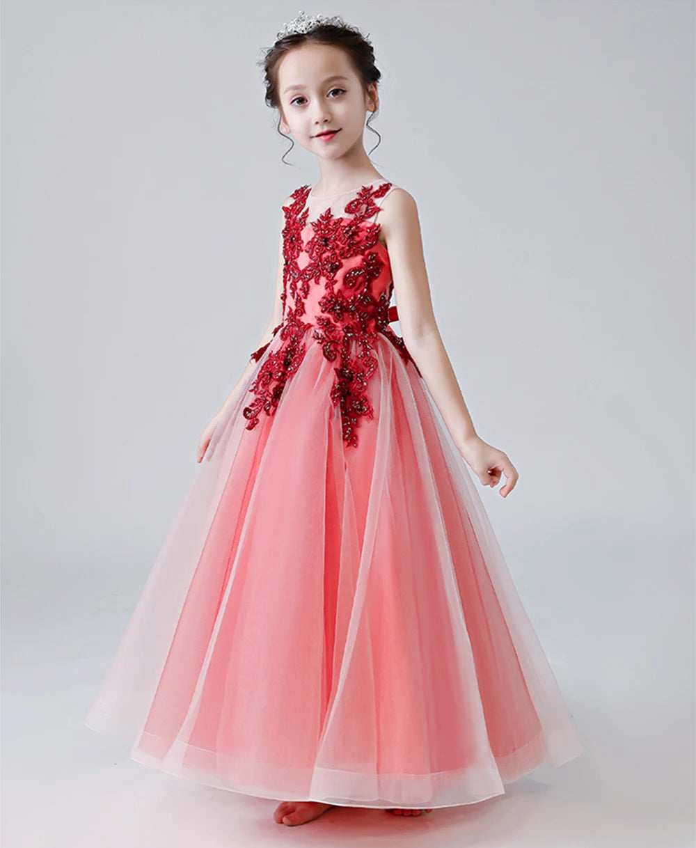 Elegant Tulle Flower Girl Dress with Lace Applique - Sleeveless First Communion Gown for Birthday, Pageant & Special Occasions | Perfect for Weddings, Baptisms & Formal Events
