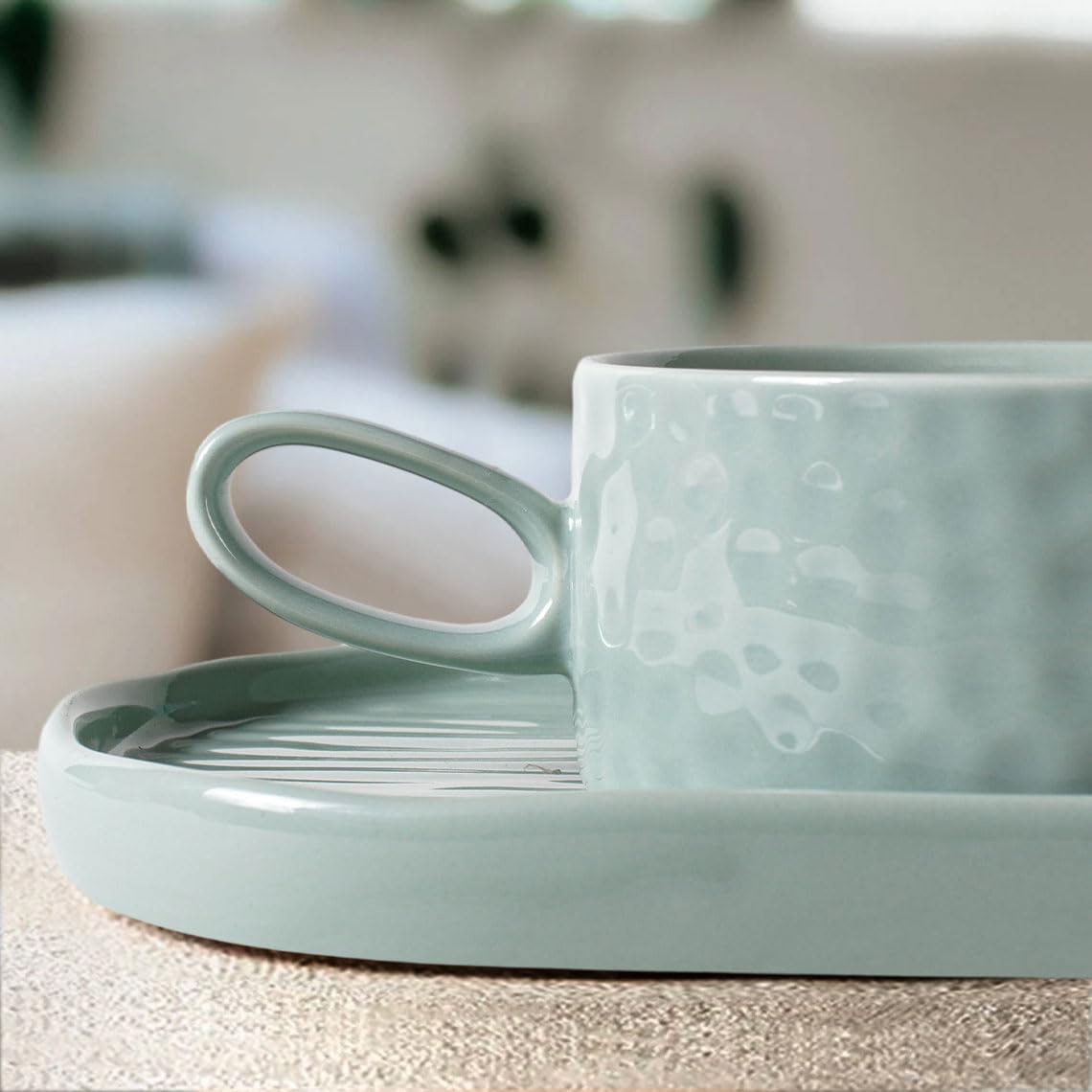 Artena 16 oz Ceramic Soup and Sandwich Plate Set - 9.85-inch Glazed Bowls with Handles, Side Plates & Bread Dipping Dishes for Breakfast, Lunch, Dinner - Mint Green Kitchen Dining Tableware for Home & Restaurant Use