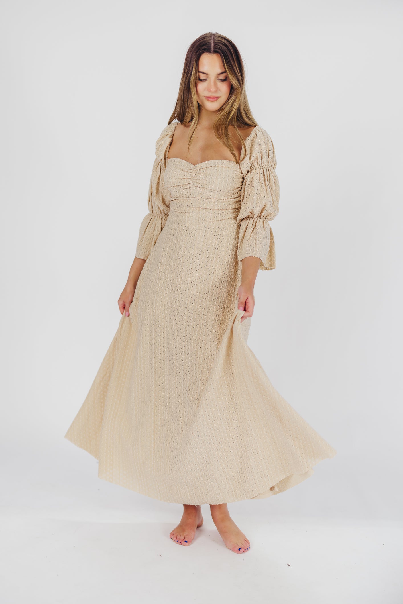Corrine Tiered Sleeve Maxi Dress with Pockets - Bump Friendly Maternity Dress in Beige | Perfect for Pregnancy, Nursing, and Special Occasions