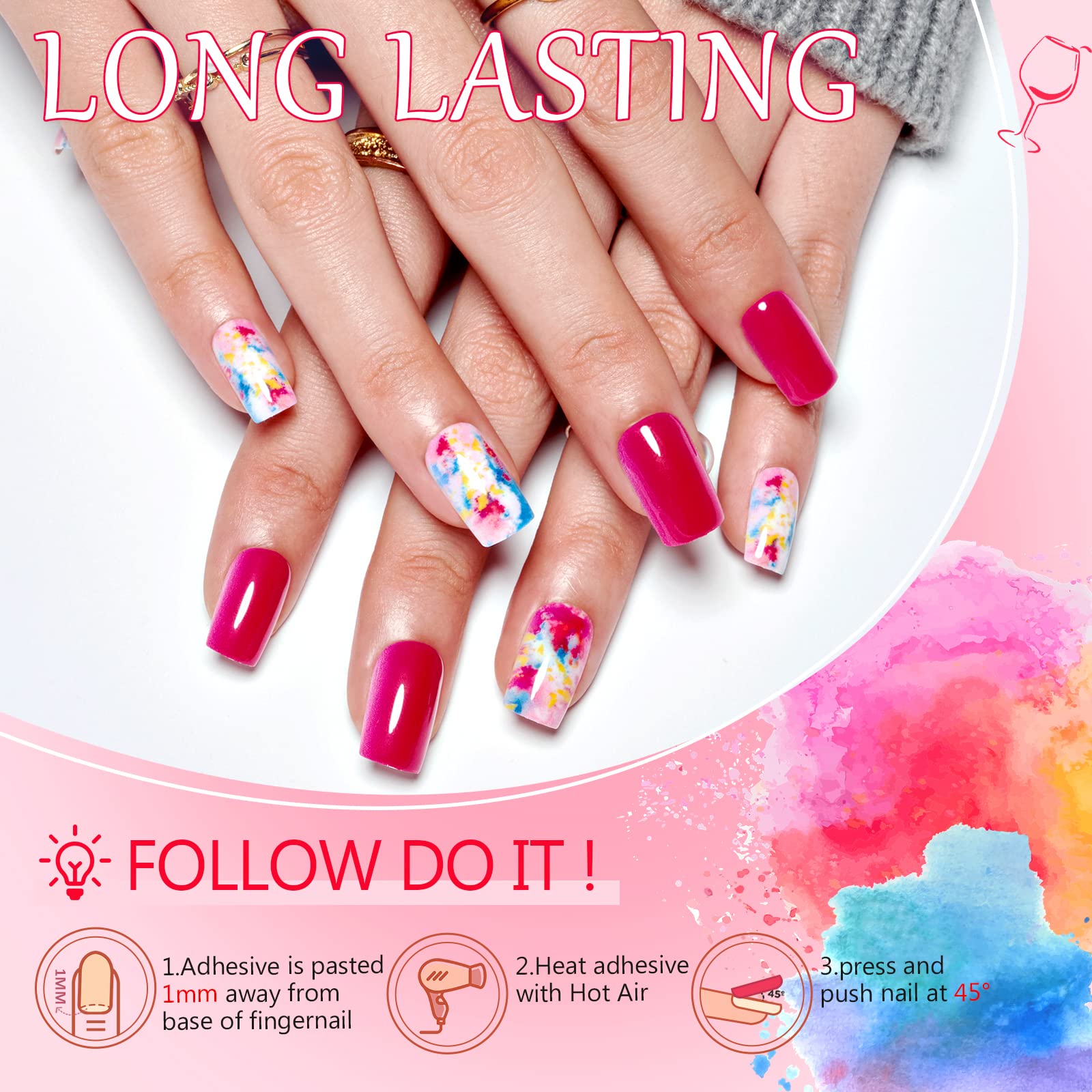 Glamermaid Medium Square Press On Nails - 24Pcs Spring Summer Red Watercolor Gel Fake Nails with Glossy UV Finish | Short Coffin Acrylic False Nails for Women | Reusable Manicure Kit for Parties, Weddings & Everyday Wear