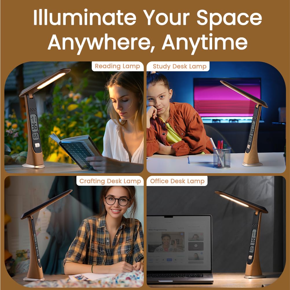 Rechargeable Cordless Table Lamp - Foldable Portable LED Desk Light with Stepless Brightness & Time Display | Battery Operated Office Lamp, Reading Light, College Dorm Essential for Study, Bedside & Night Use