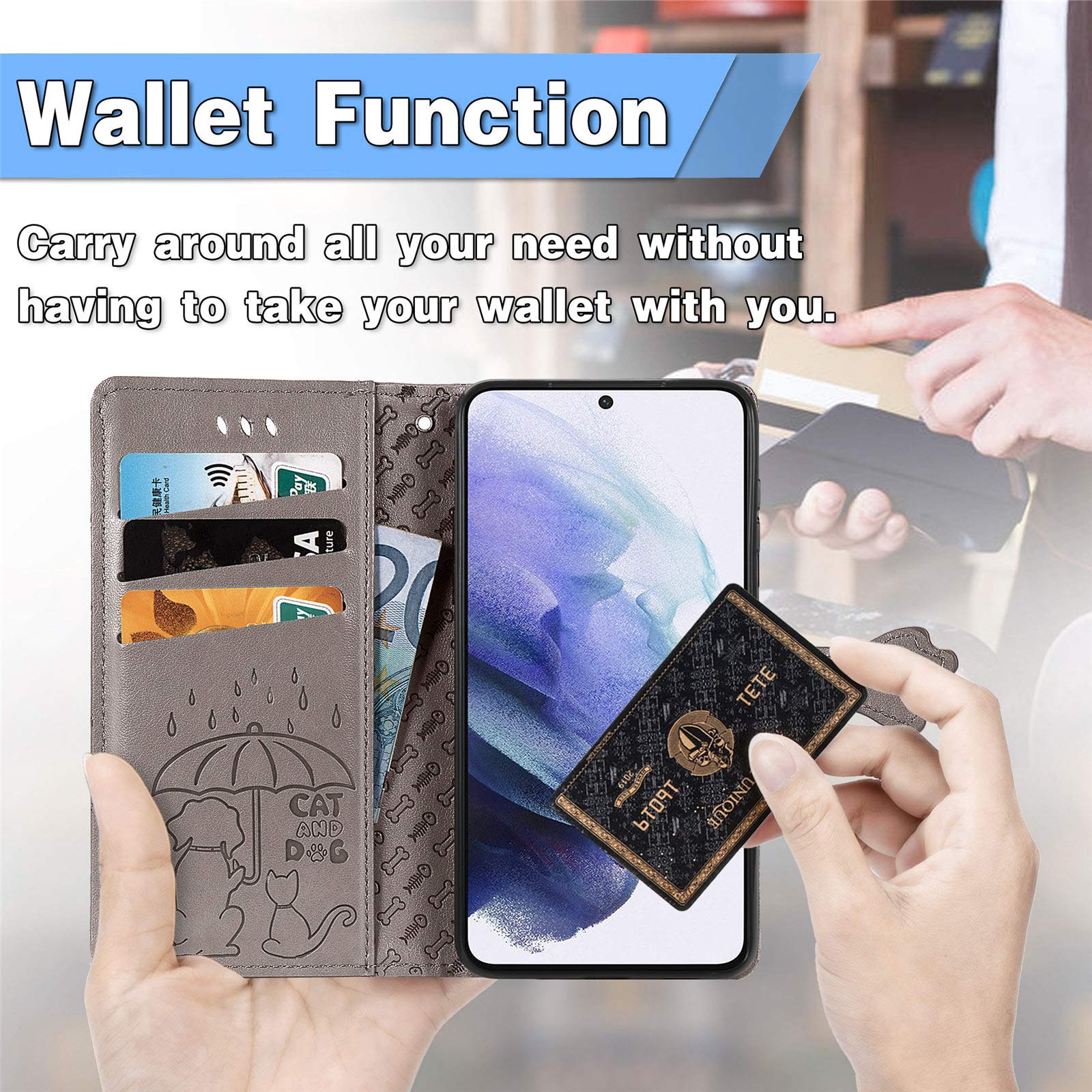Cute Cartoon Wallet Case for Samsung Galaxy S22 Plus (Not S22) - Cat & Dog Style Flip Cover with ID Card Holder, PU Leather Phone Case (MG Grey) - Perfect for Daily Use, Travel & Commuting