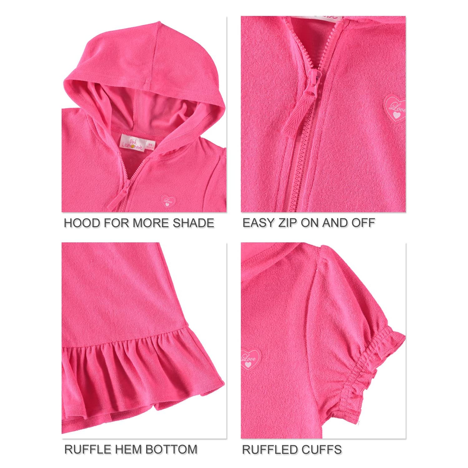 Pink Lemonade Girls' Hooded Zip-Up Swim Cover Up - Terry Cloth Beach Dress for Pool, Vacation & Summer Outings