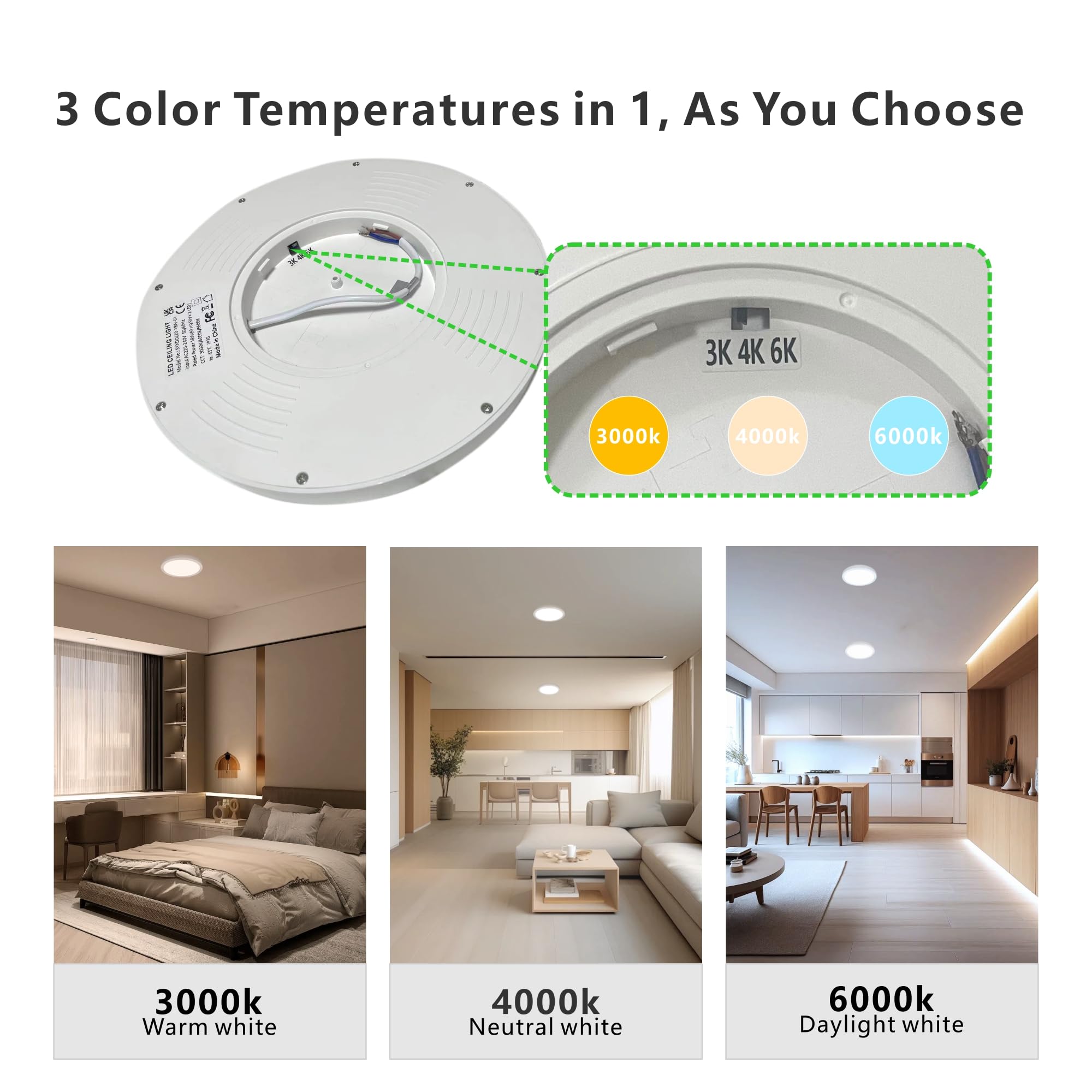 18W LED Ceiling Light Fixture - 1600LM Ultra Bright, 3 Color Temperatures (3000K/4500K/6000K), 8.7