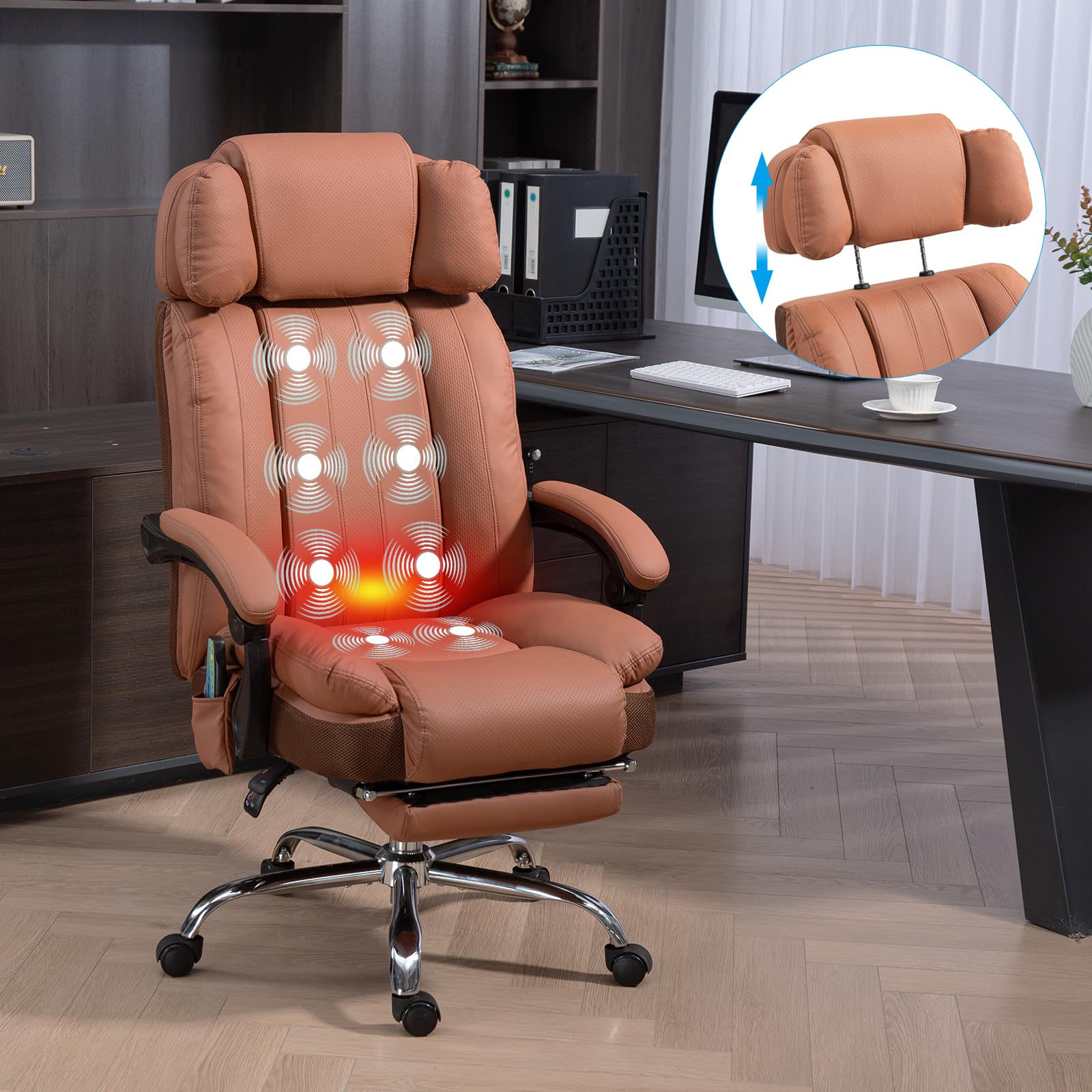 Big and Tall Massage Office Chair with Heat & 8 Vibration Points - Adjustable Headrest, Extra Wide Seat, Footrest & Padded Armrests - Reclining High Back Executive Chair for Home Office, Gaming & Workspace Comfort
