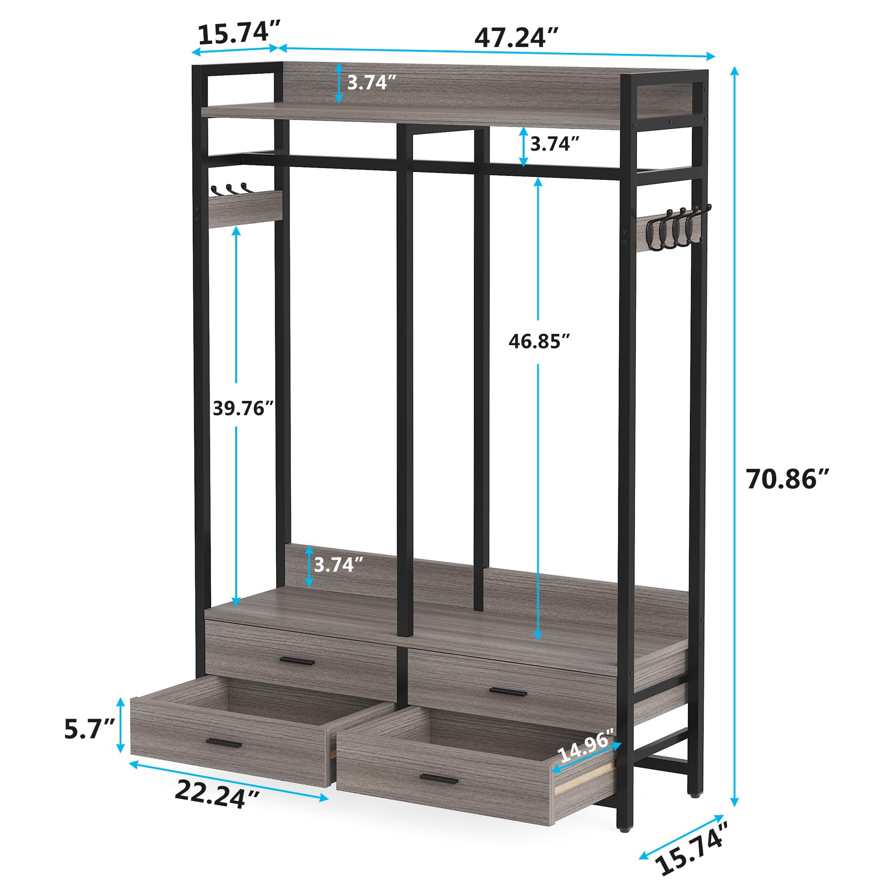 Tribesigns Heavy Duty Freestanding Closet Organizer - 4 Drawers, 8 Hooks & Storage Shelves Garment Rack for Hanging Clothes | Wardrobe Storage Solution for Bedroom, Living Room & Walk-In Closets | Space-Saving Grey Clothing Rack for Home Organization