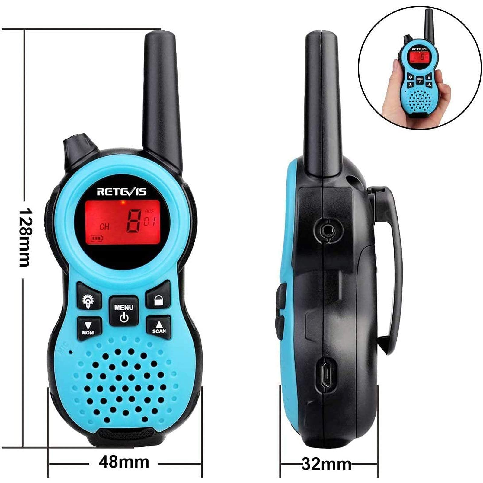 Retevis RT38 Kids Walkie Talkies - Mini Size USB Rechargeable Long Range FRS Radios for Boys & Girls Ages 6-12 - Perfect for Camping, Hiking, Outdoor Adventures & Family Games (Blue, 1 Pair)