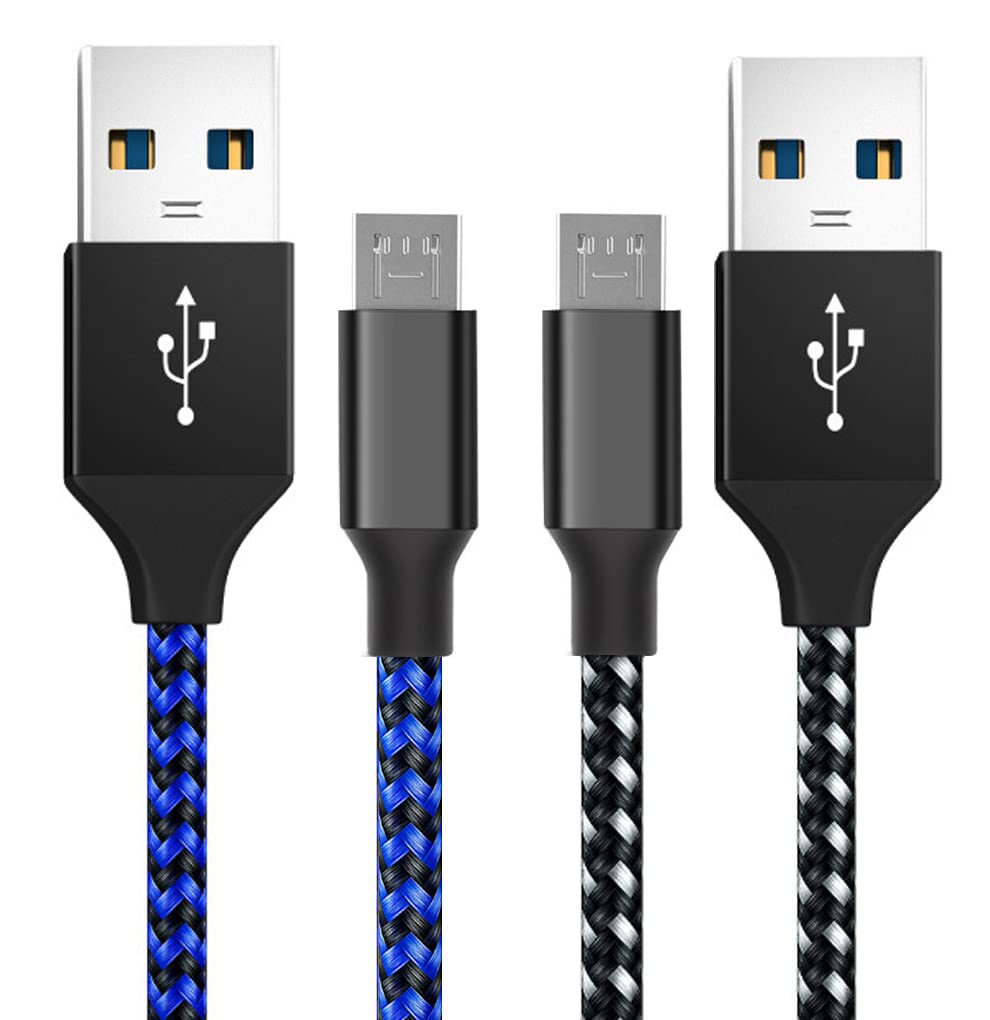 Durable 10ft PS4 Controller Charger Cable (2-Pack) - Nylon Braided Micro USB 2.0 Fast Charging & Data Sync Cord for PlayStation 4/PS4 Slim/Pro, Xbox One S/X, Android Phones - Blue & White - Perfect for Gaming Sessions & Device Charging