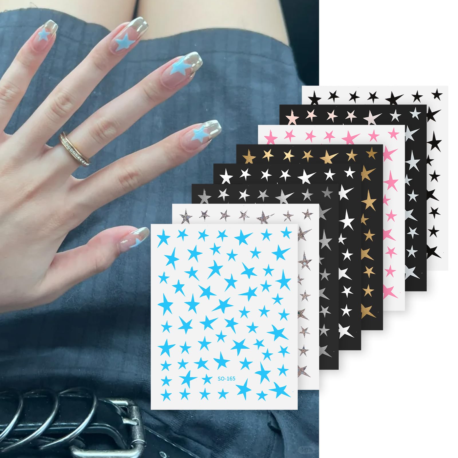 8 Sheets Star Nail Art Stickers - 3D Shiny Glitter Nail Decals & Charms for DIY Manicure | Self-Adhesive Nail Supplies for Women | Perfect for Parties, Holidays & Nail Salon Decorations