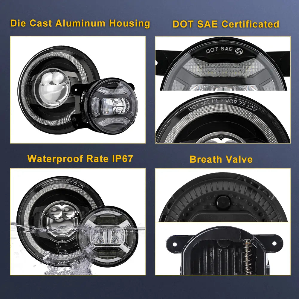 7 Inch Projection LED Headlights + 4 Inch Projection LED Fog Lights Kit for Jeep Wrangler JK (2007-2018) - High Brightness Off-Road Lighting for Night Driving & Adventure