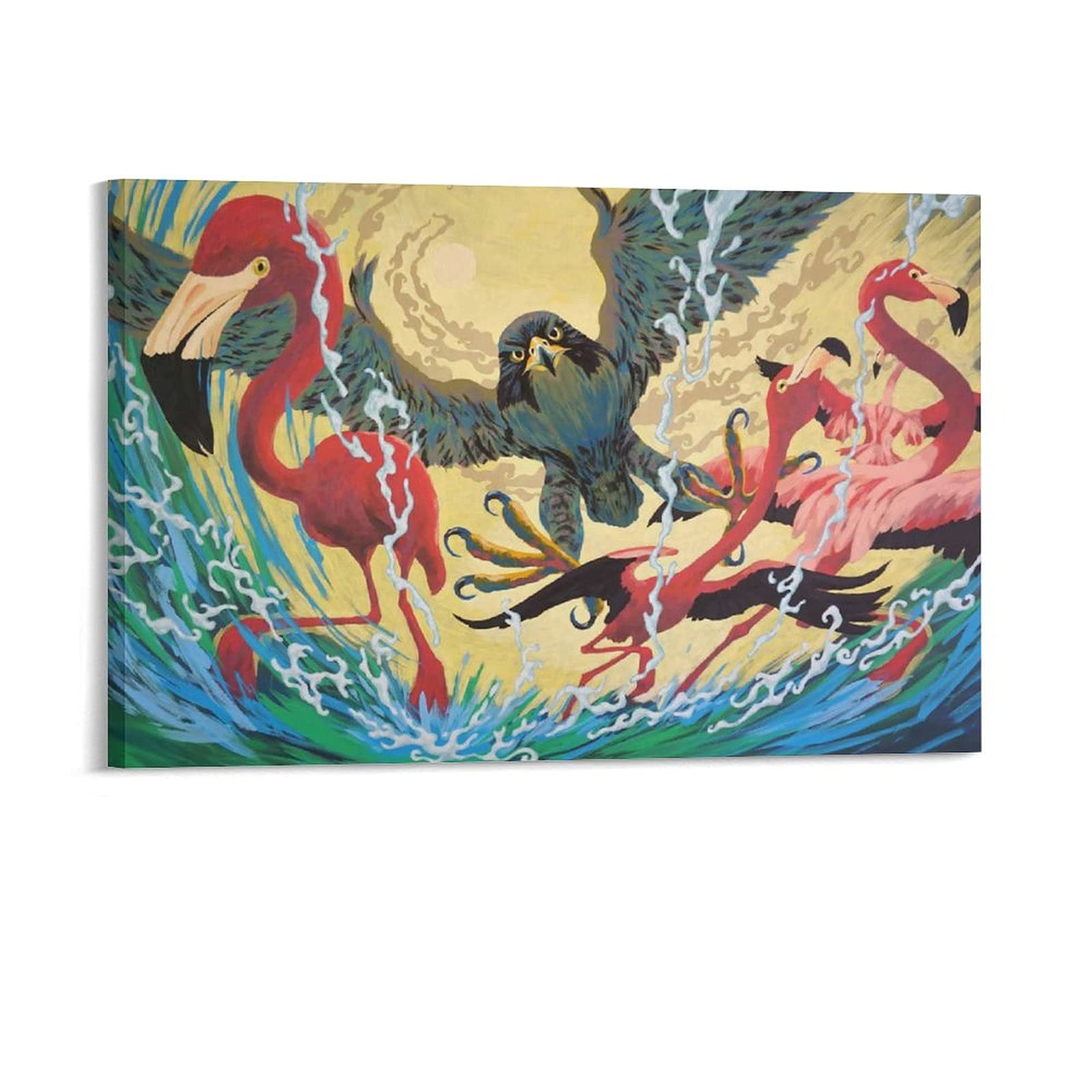 Flamingos Hunted by Eagles Canvas Wall Art Print - 12x18 Inches (30x45cm) Nature Wildlife Painting for Living Room, Bedroom & Office Decor - Perfect Gift for Home & Sports Enthusiasts