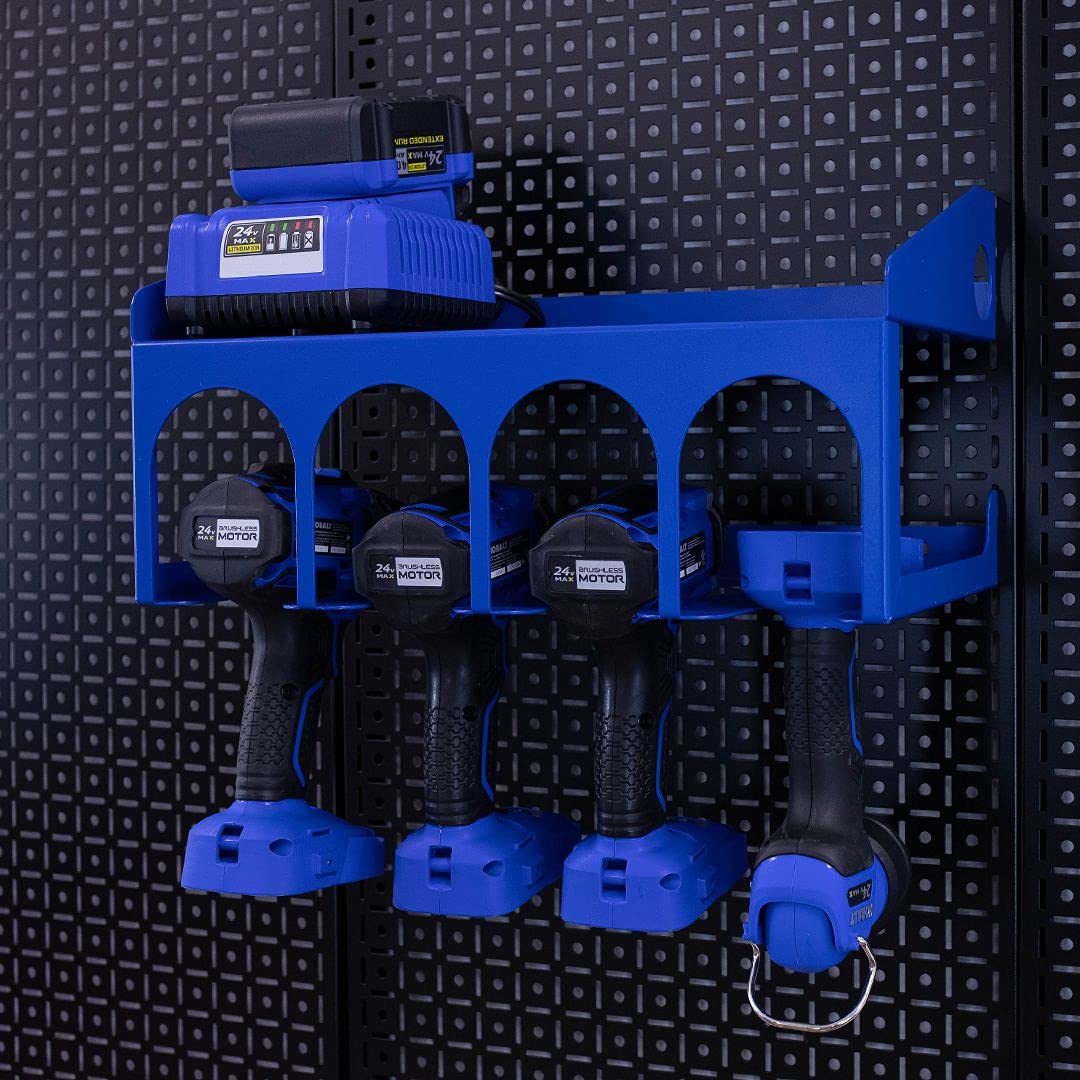 **Blue Cordless Drill Holder - Wall Mount Tool Organizer System for Garage & Workshop Storage**