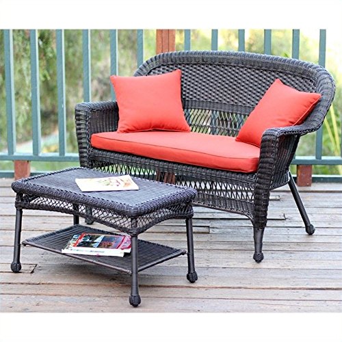 Jeco Wicker Patio Set - Love Seat & Coffee Table with Cushions for Outdoor Relaxation