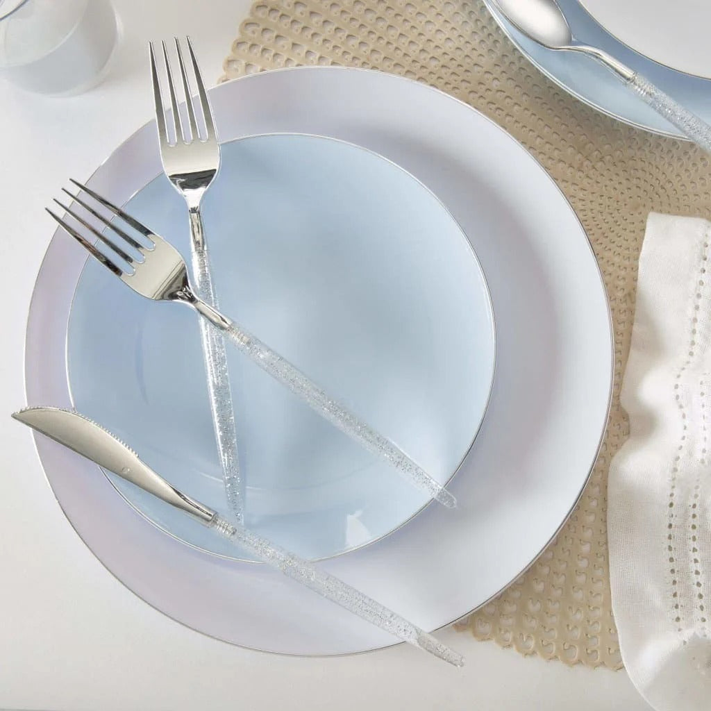 Eco-Friendly Round Plastic Plates Set - Ice Blue & Silver Rim for Parties, Picnics, and Everyday Dining | BPA-Free & Durable Disposable Tableware