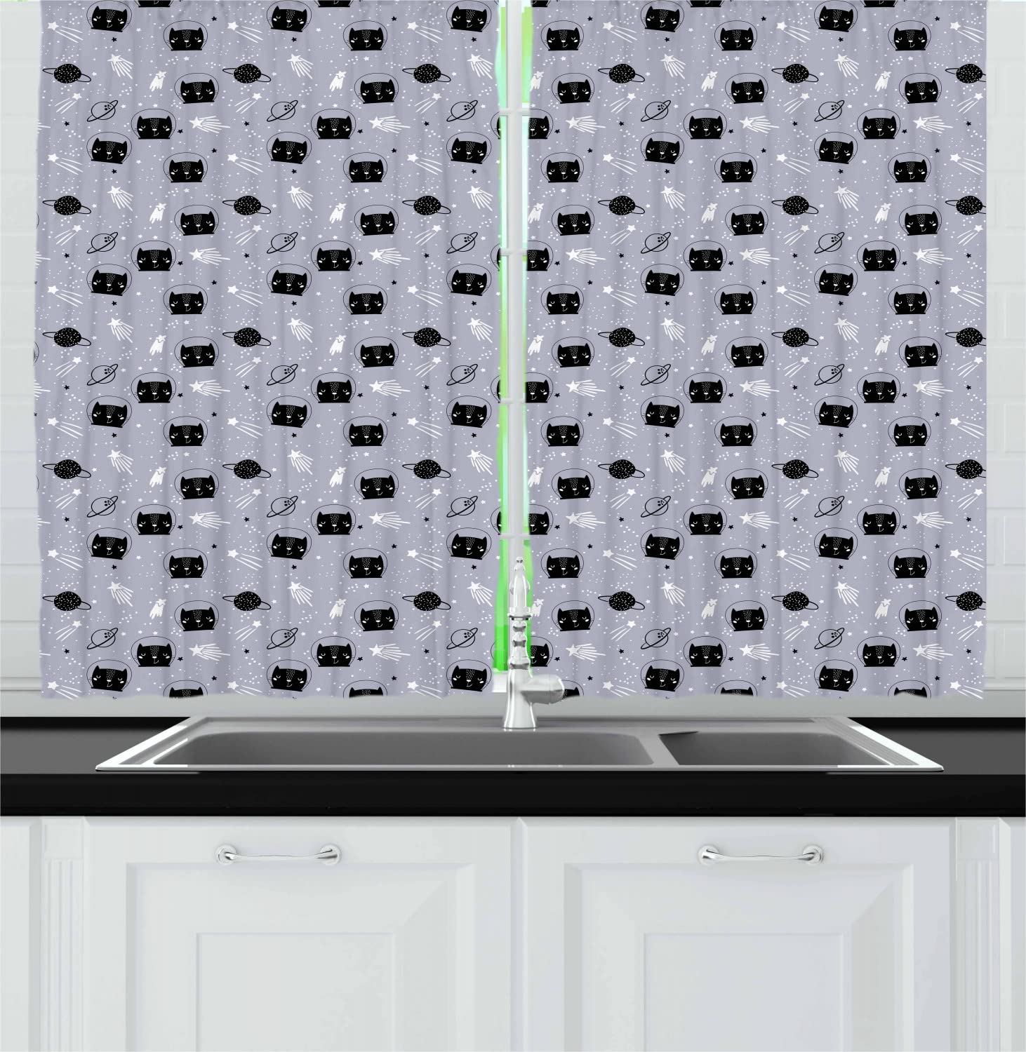 Ambesonne Outer Space Kitchen Curtains - Astronaut Cats Exploring Universe Print, 55